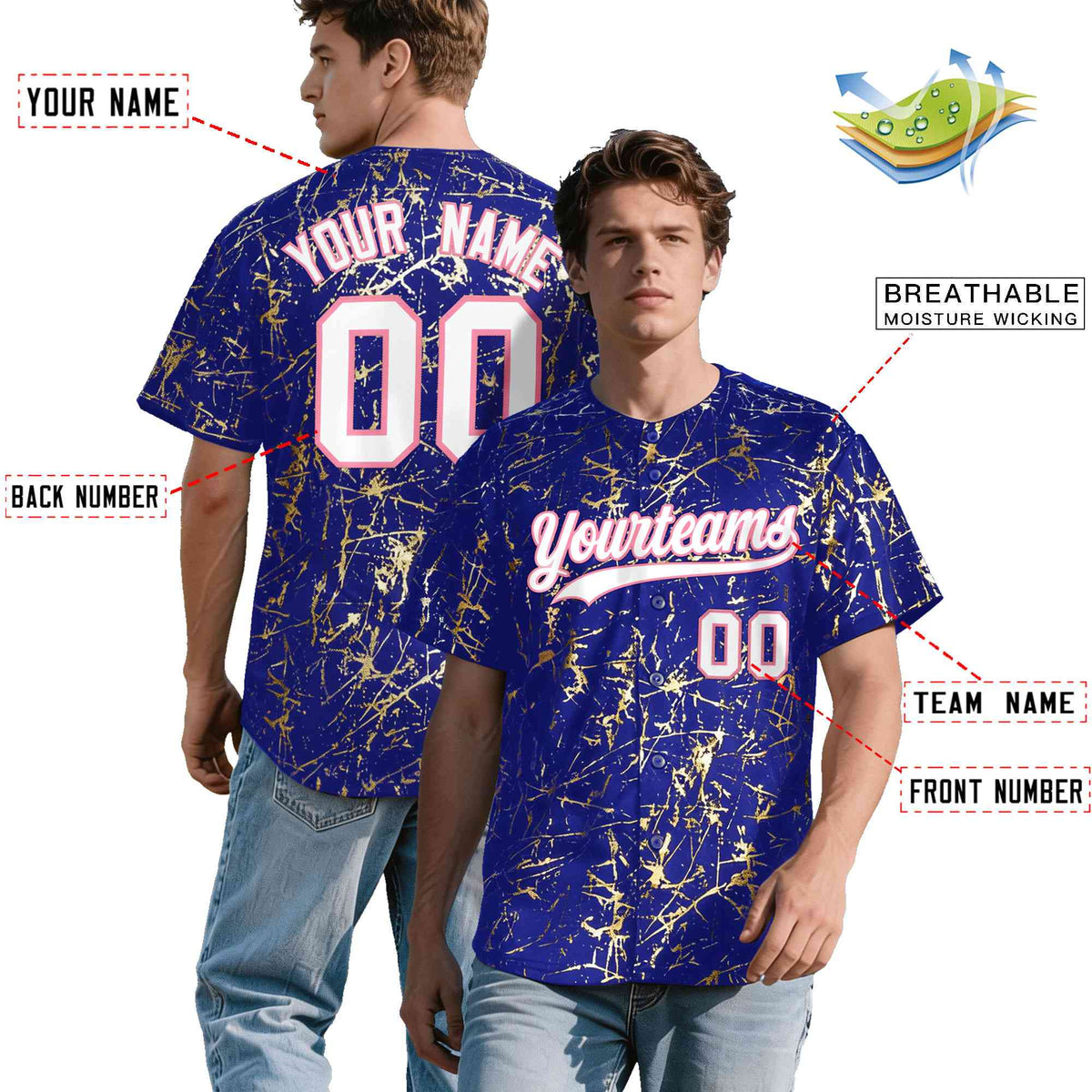 Custom Royal White Black&Shiny Gold Cracked Foil Breathable Mesh Streetwear Baseball Jersey
