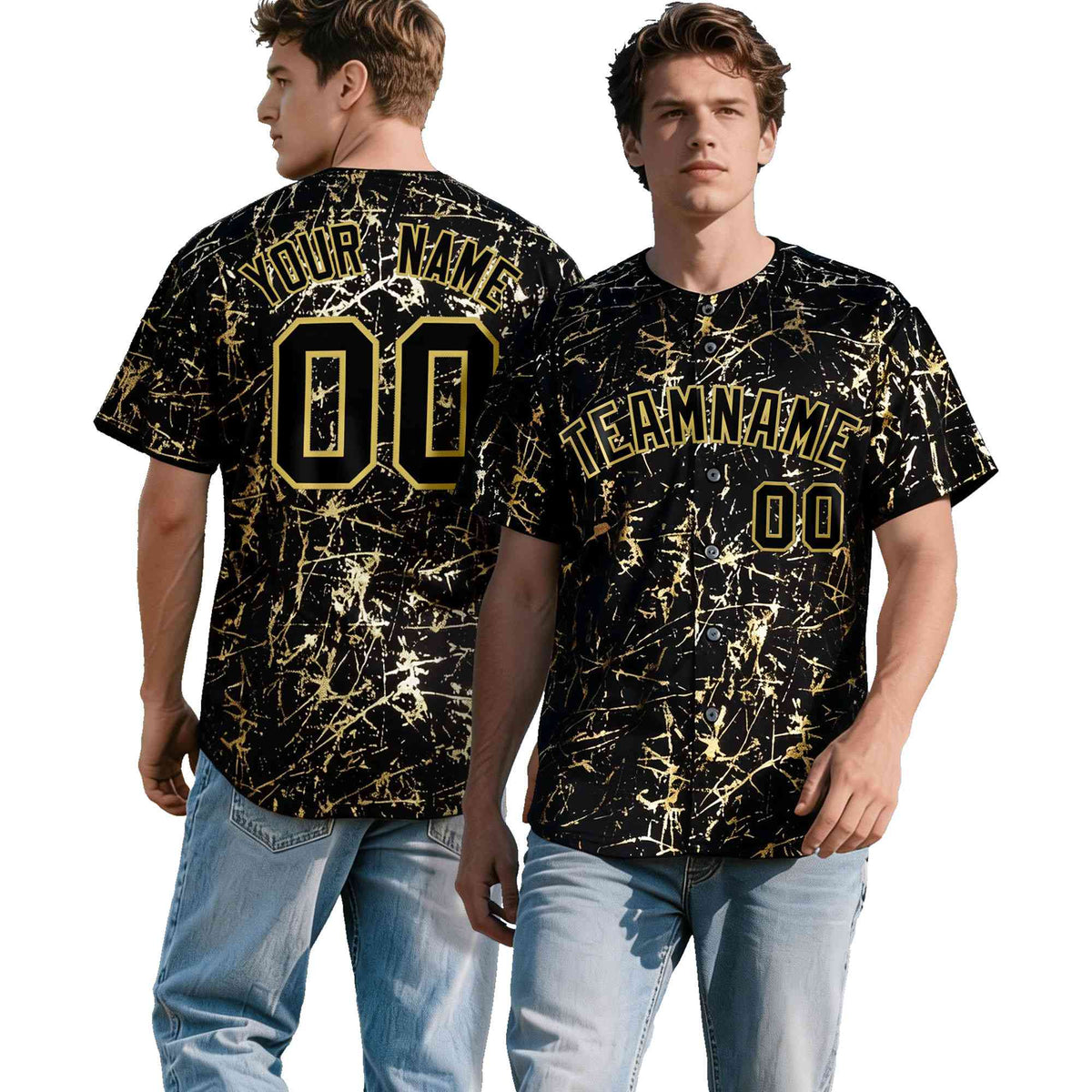 Custom Black Old Gold Black&Shiny Gold Cracked Foil Hip Hop Button Down Baseball Jersey