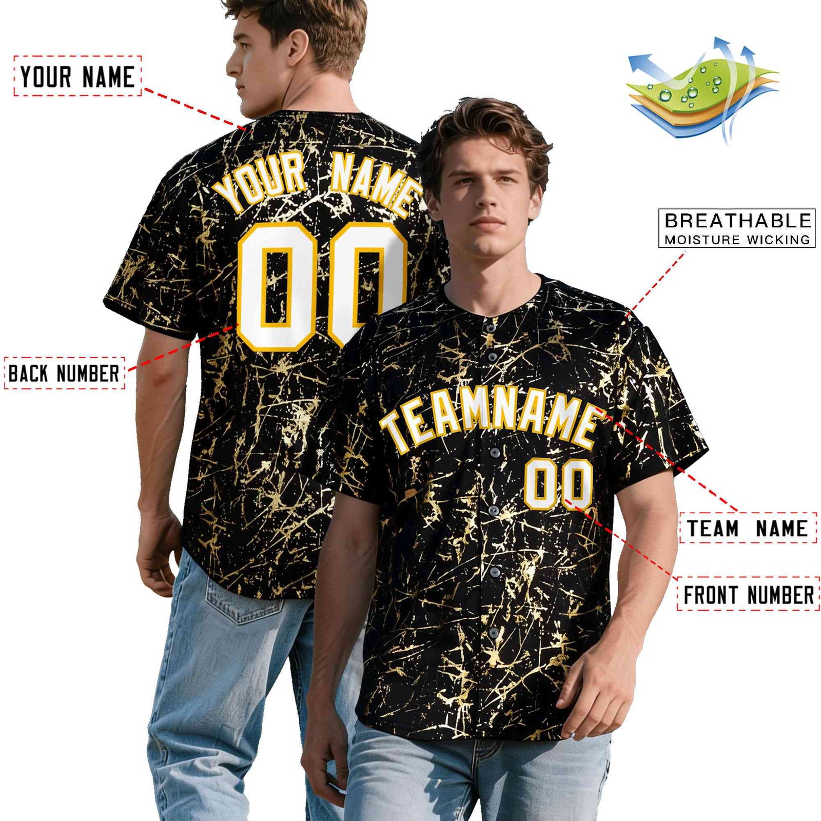 Custom Black White Black&Shiny Gold Cracked Foil Hip Hop Button Down Baseball Jersey