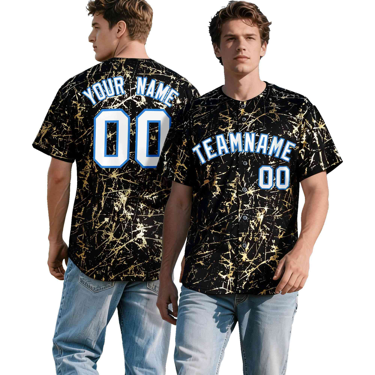 Custom Black White Black&Shiny Gold Cracked Foil Hip Hop Button Down Baseball Jersey