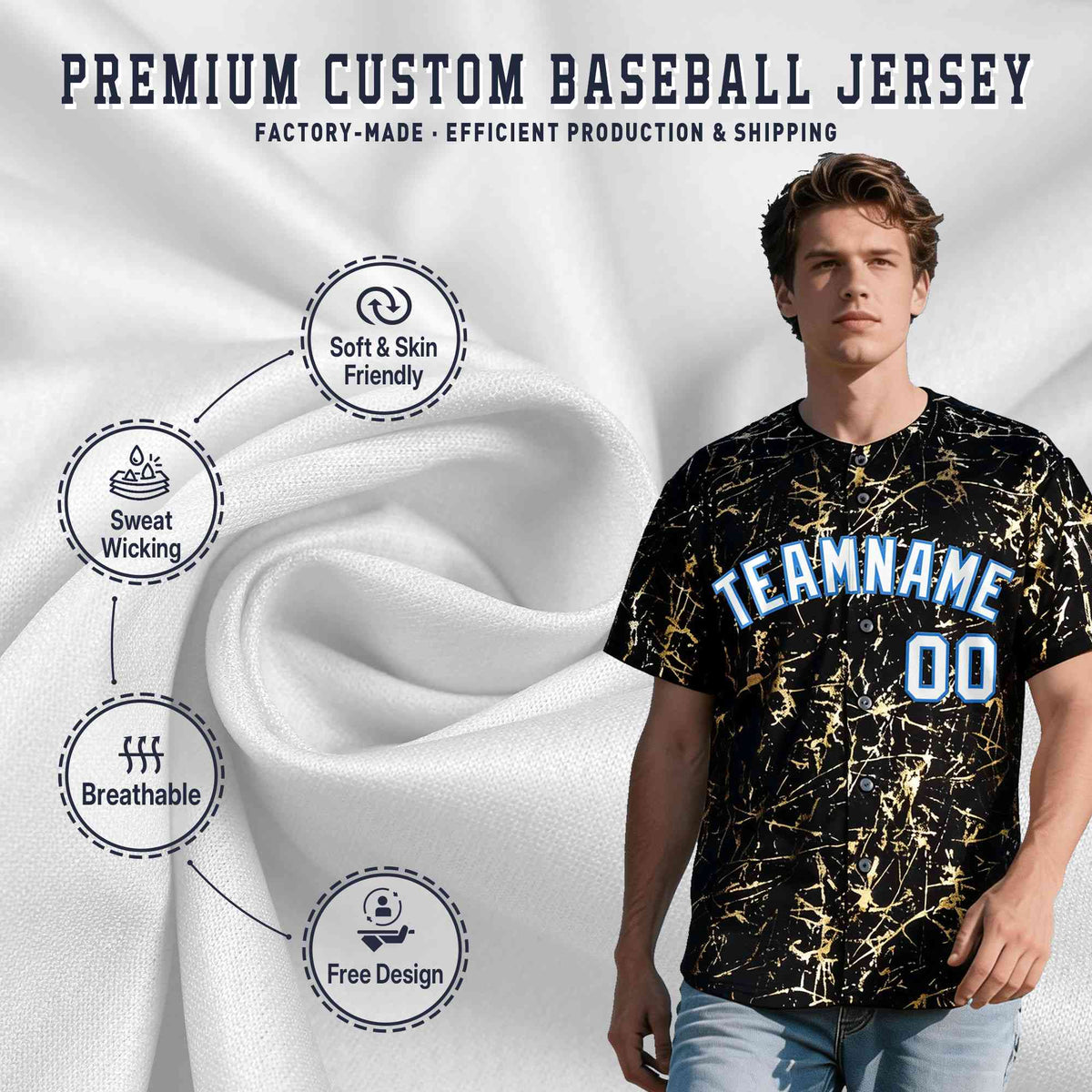 Custom Black White Black&Shiny Gold Cracked Foil Hip Hop Button Down Baseball Jersey