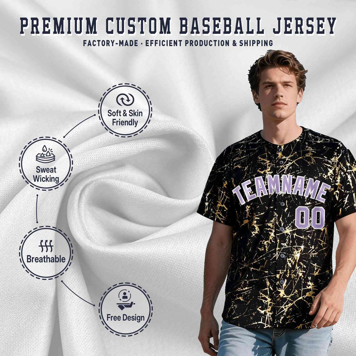 Custom Black Light Purple Metallic Gold Splatter Breathable&Wrinkle-Resistant Baseball Jersey