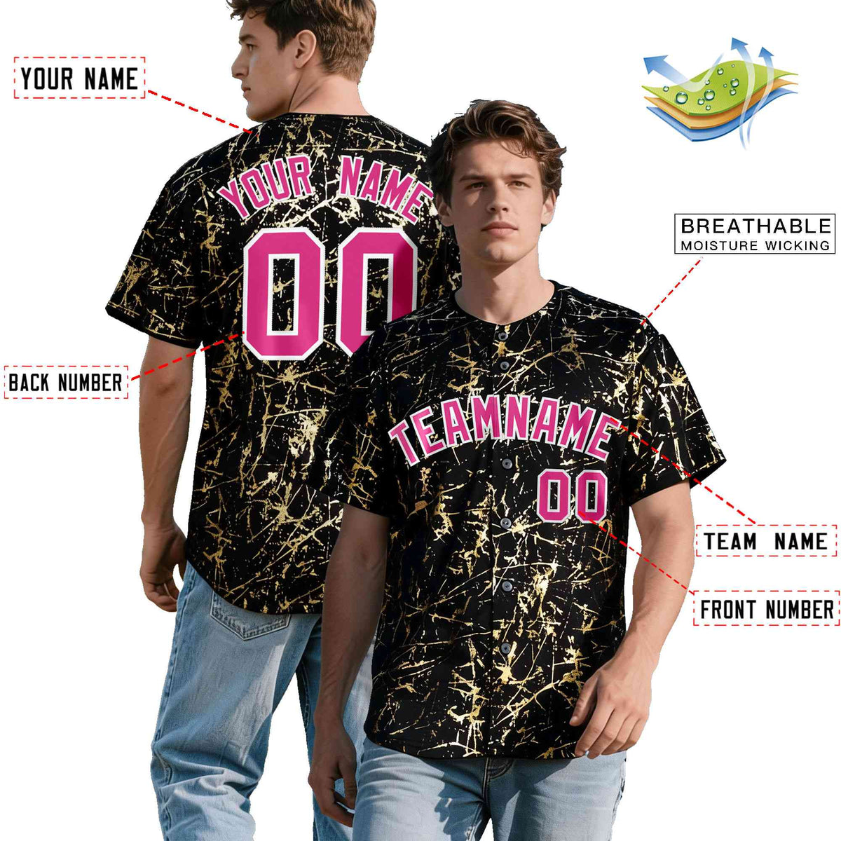Custom Black Rose Red Shiny Gold Cracked Texture Baseball Jersey