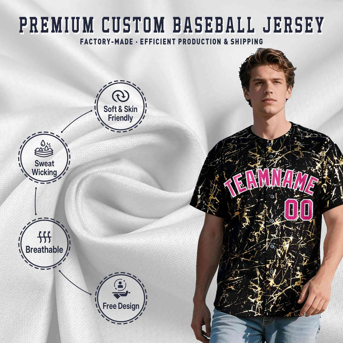 Custom Black Rose Red Shiny Gold Cracked Texture Baseball Jersey