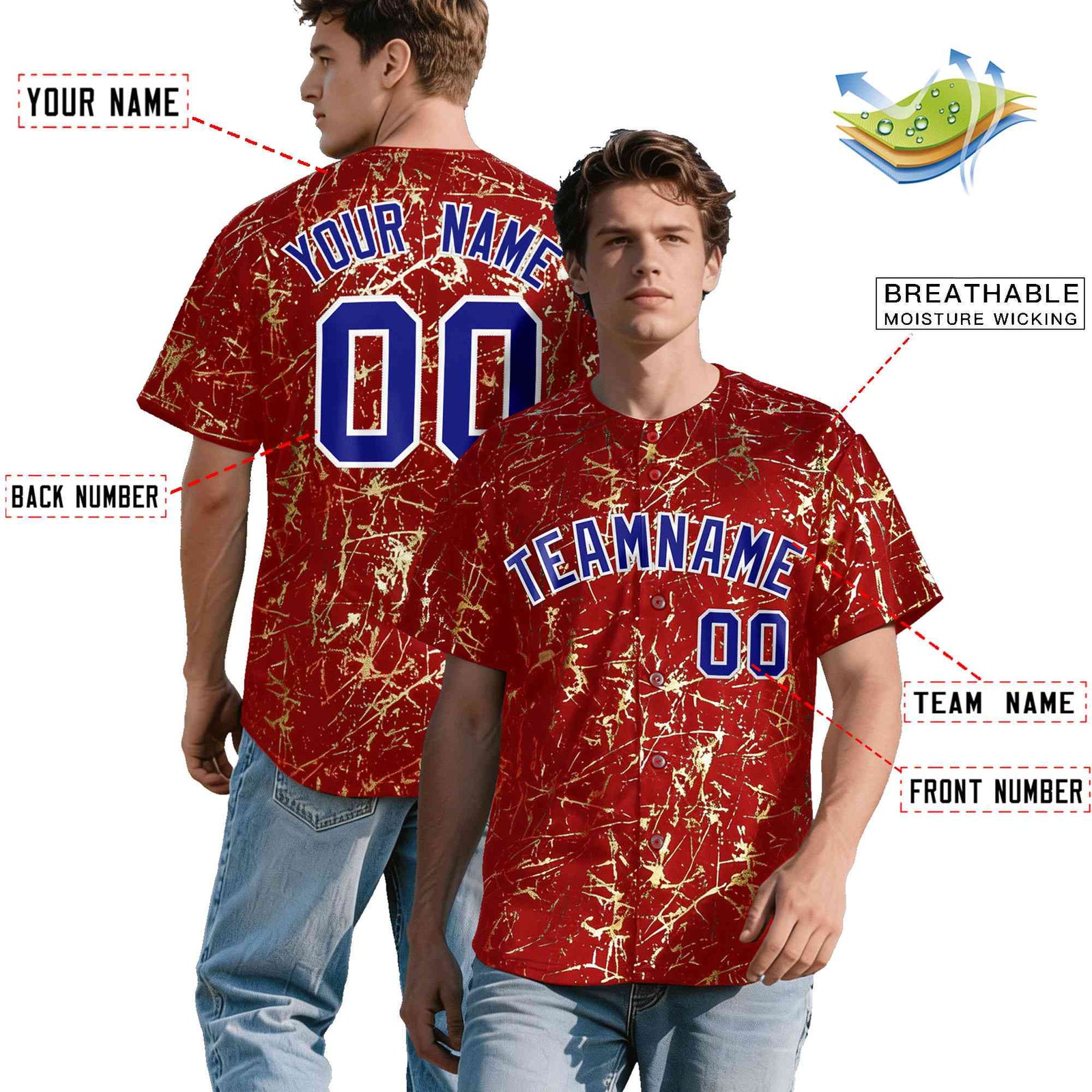 Custom Red Royal Shiny Gold Cracked Texture Baseball Jersey