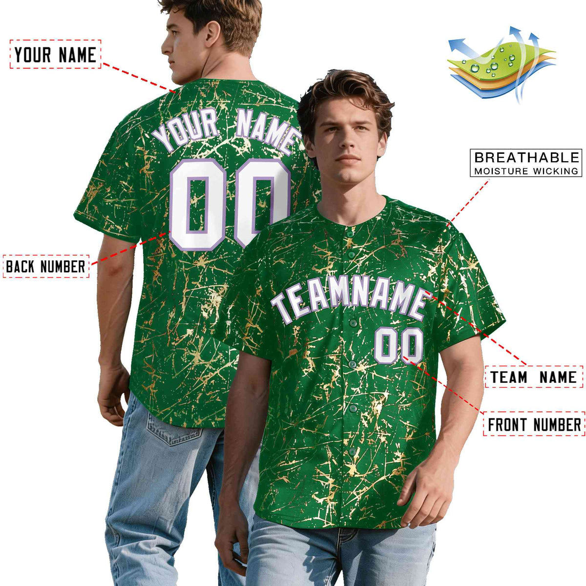 Custom Kelly Green White Black&Shiny Gold Cracked Foil Breathable Mesh Streetwear Baseball Jersey