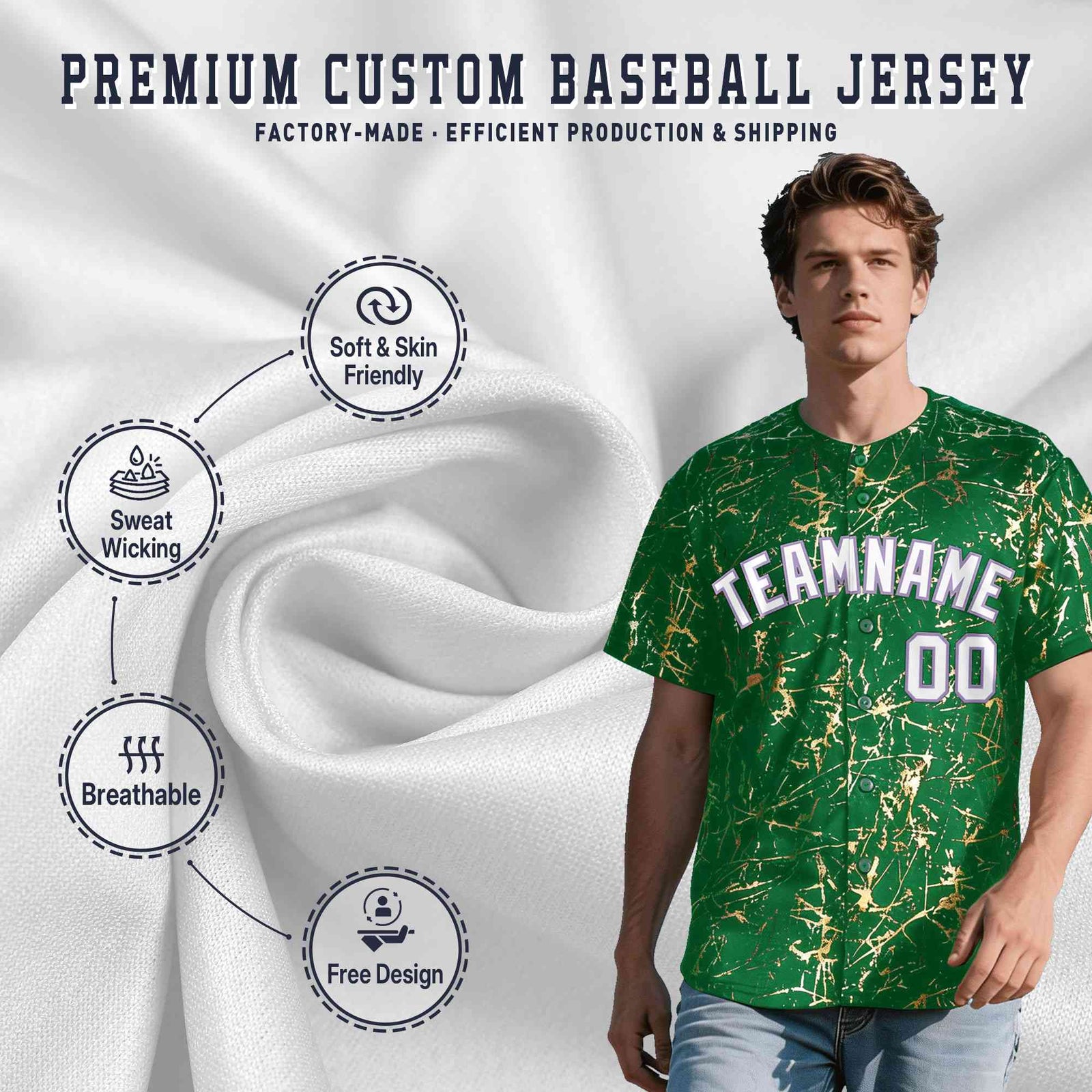Custom Kelly Green White Black&Shiny Gold Cracked Foil Breathable Mesh Streetwear Baseball Jersey