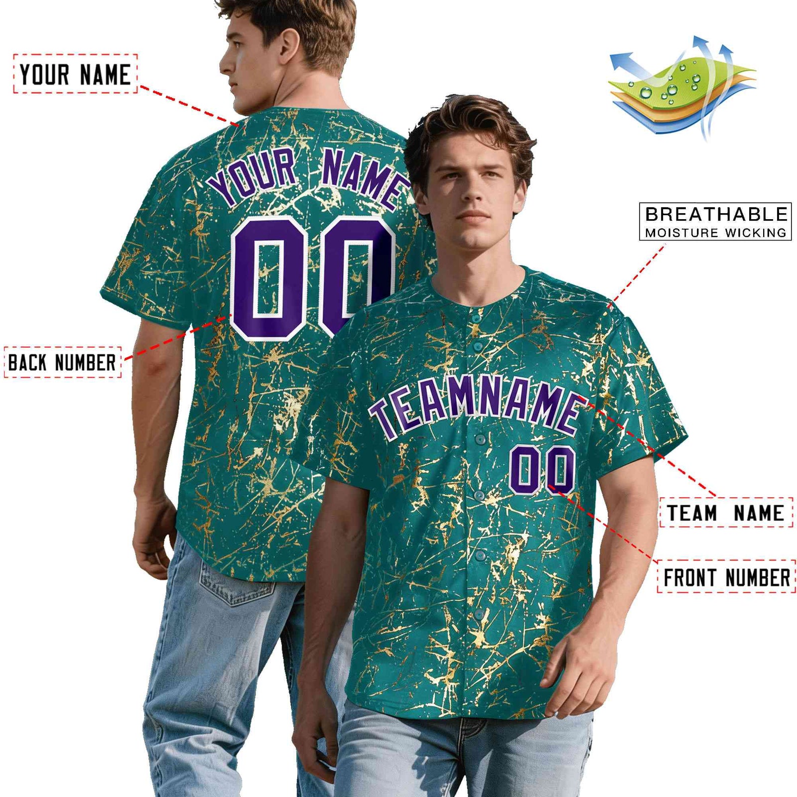 Custom Teal Purple Metallic Gold Splatter Urban Streetwear Baseball Jersey