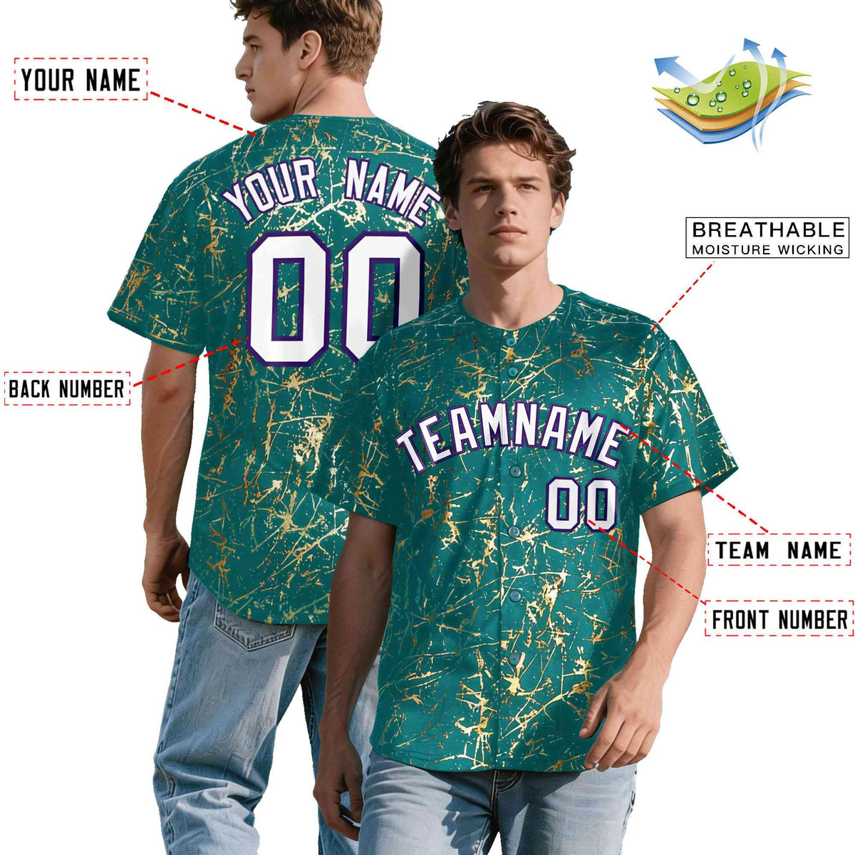 Custom Teal White Black&Shiny Gold Cracked Foil Breathable Mesh Streetwear Baseball Jersey