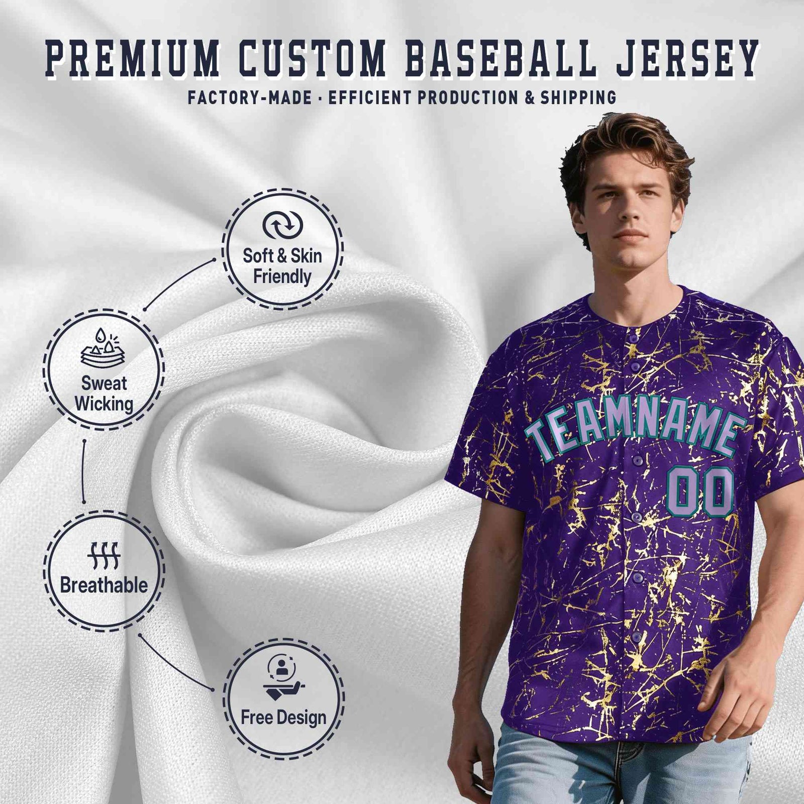 Custom Purple Light Purple Metallic Gold Splatter Breathable&Wrinkle-Resistant Baseball Jersey