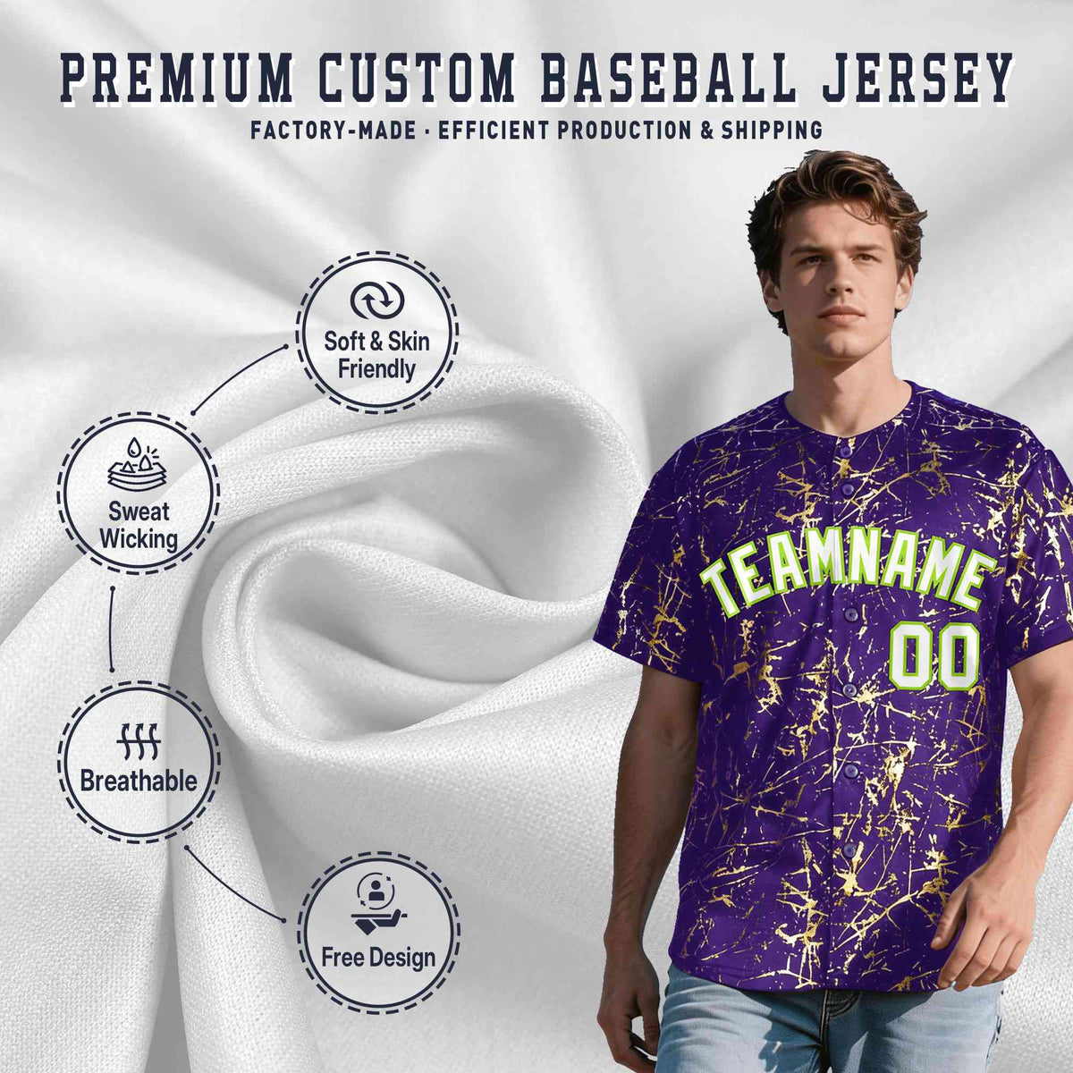 Custom Purple White Black&Shiny Gold Cracked Foil Breathable Mesh Streetwear Baseball Jersey