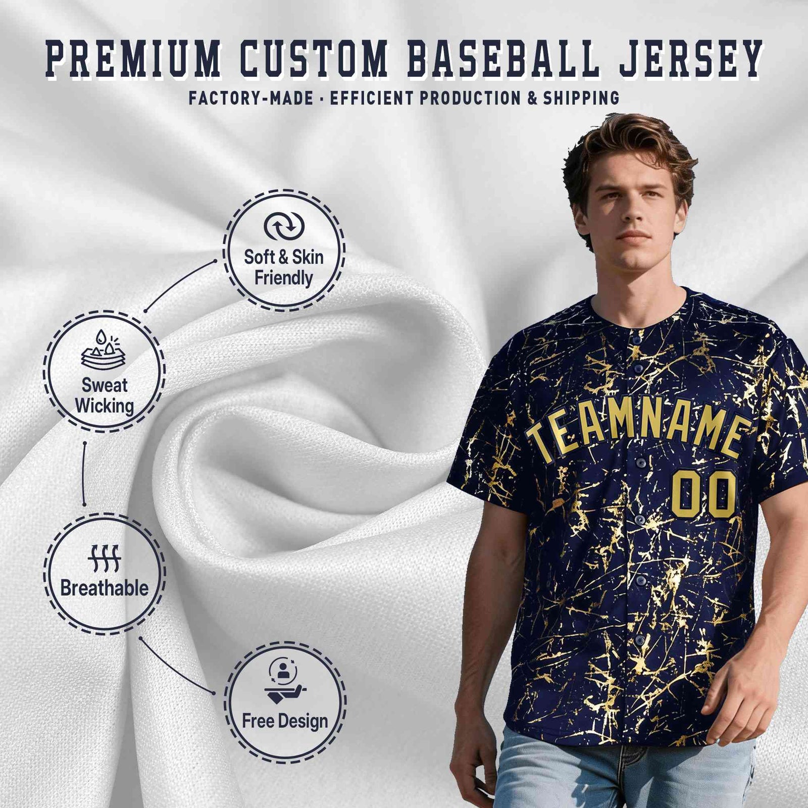 Custom Navy Old Gold Black&Shiny Gold Cracked Foil Hip Hop Button Down Baseball Jersey
