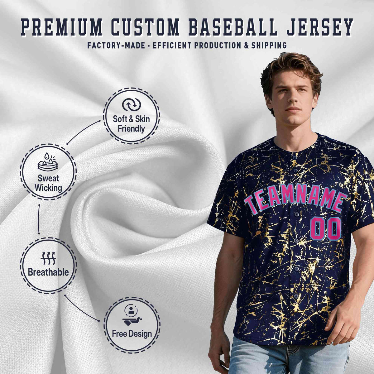 Custom Navy Rose Red Metallic Gold Splatter Breathable&Wrinkle-Resistant Baseball Jersey