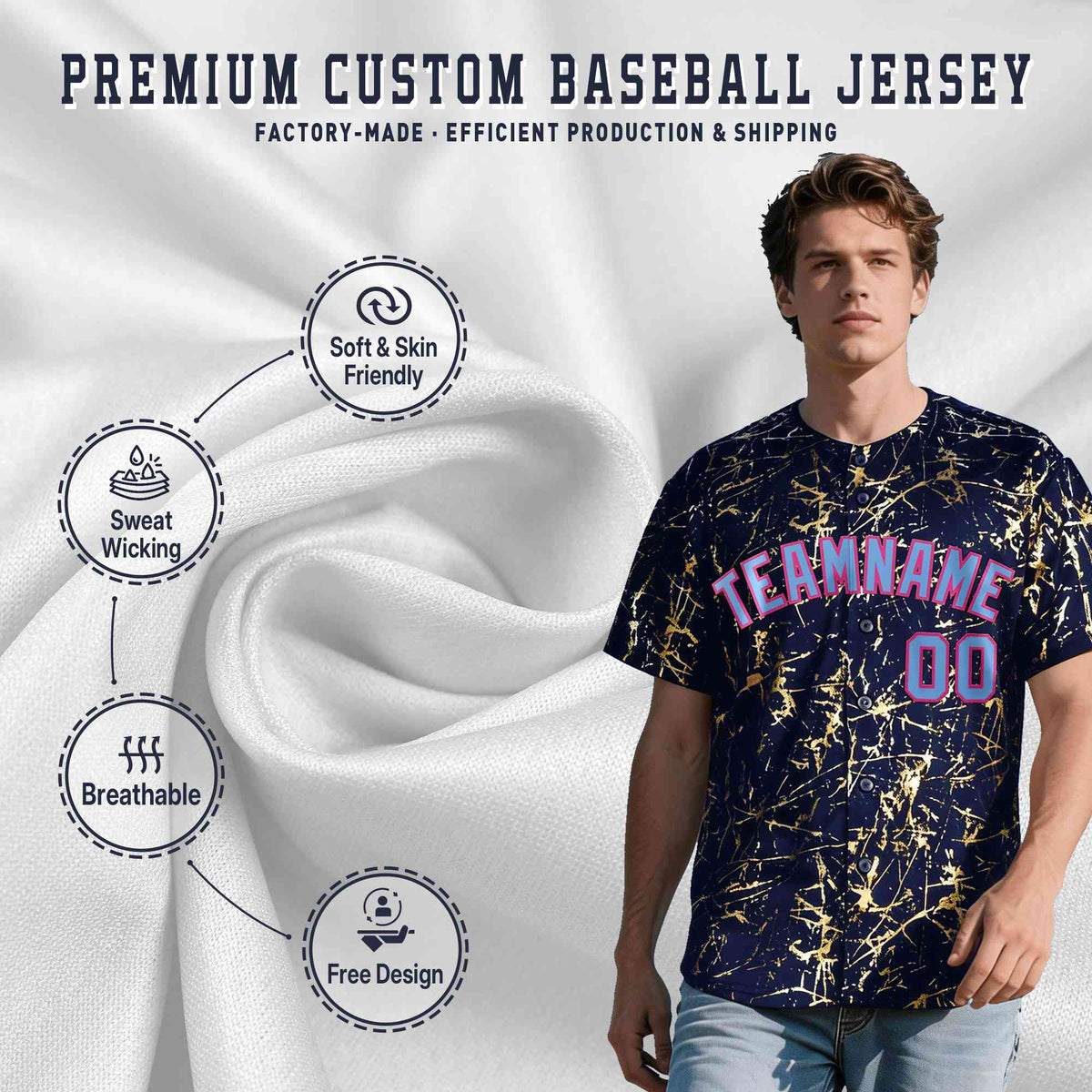 Custom Navy Powder Blue Black&Gold Marble Print Clubwear Party Streetwear Baseball Jersey