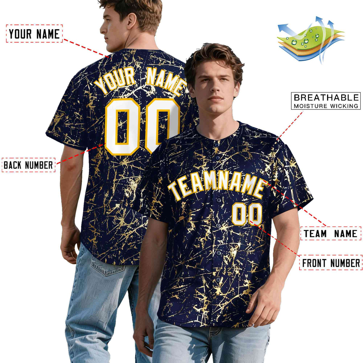 Custom Navy White Black&Shiny Gold Cracked Foil Breathable Mesh Streetwear Baseball Jersey