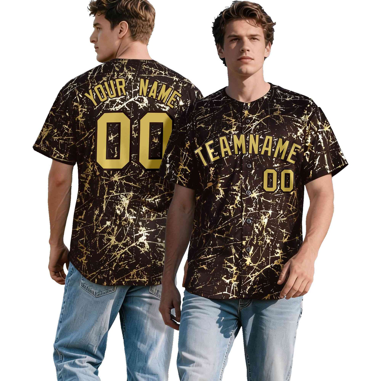 Custom Brown Old Gold Black&Shiny Gold Cracked Foil Hip Hop Button Down Baseball Jersey
