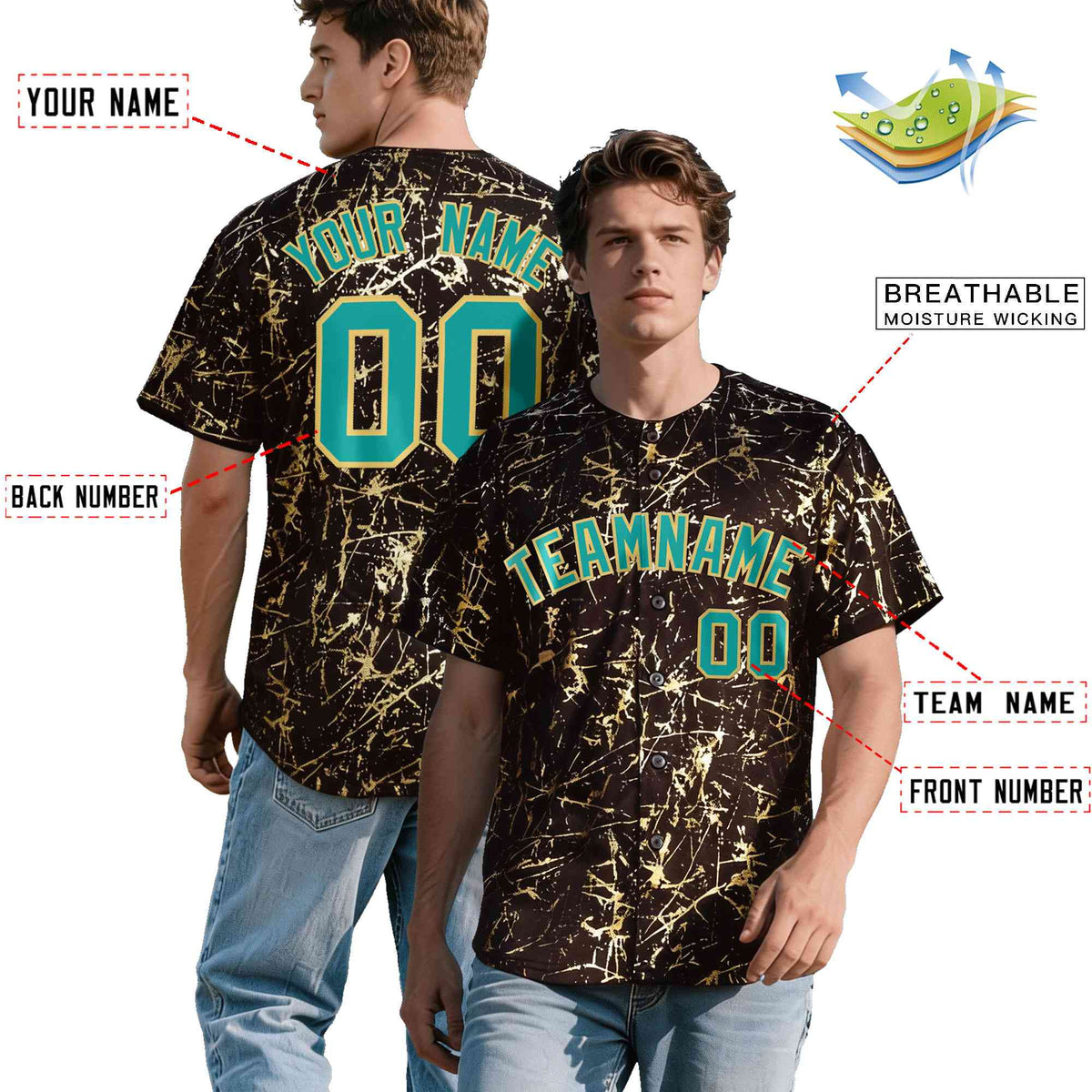 Custom Brown Aqua Metallic Gold Splatter Breathable&amp;Wrinkle-Resistant Baseball Jersey