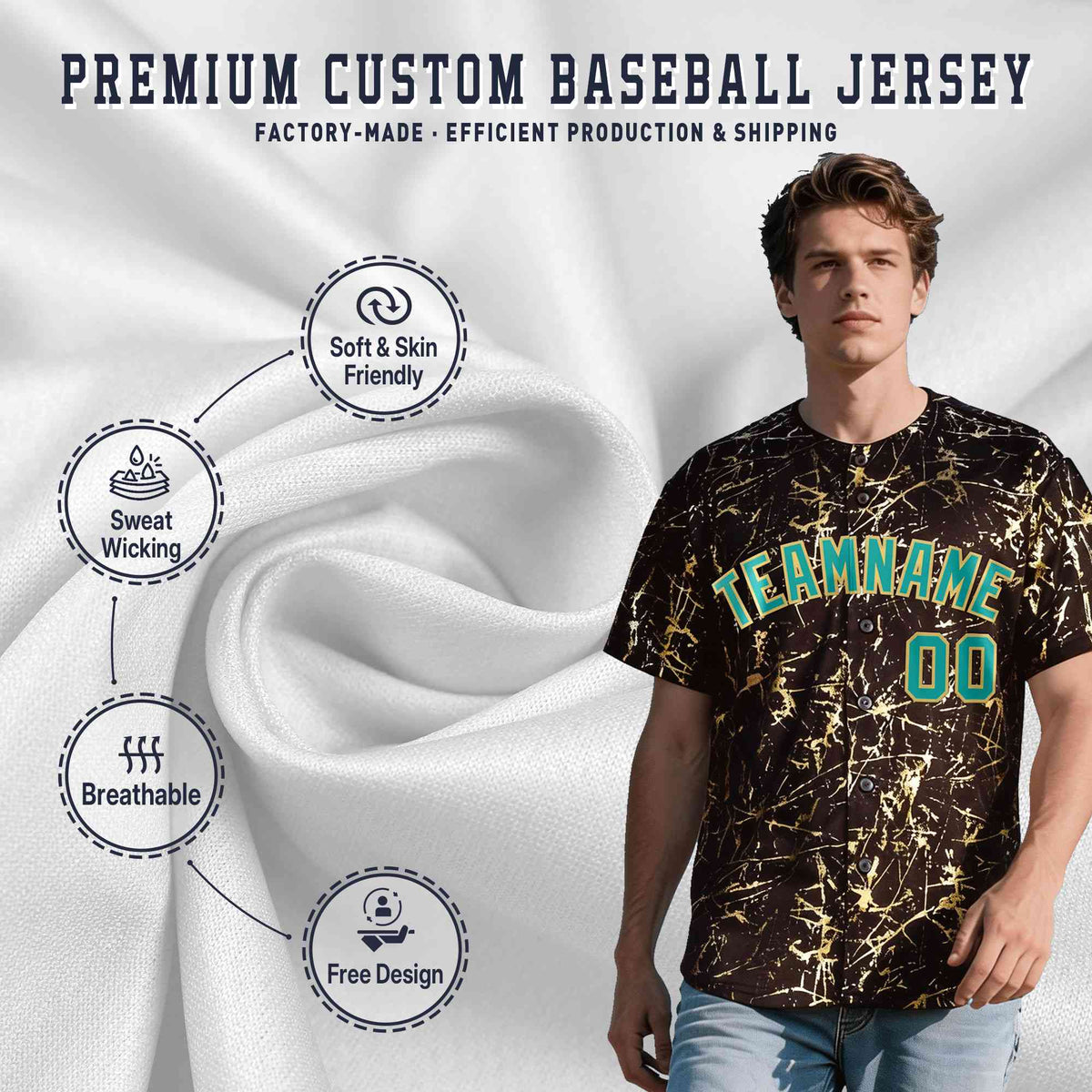 Custom Brown Aqua Metallic Gold Splatter Breathable&amp;Wrinkle-Resistant Baseball Jersey