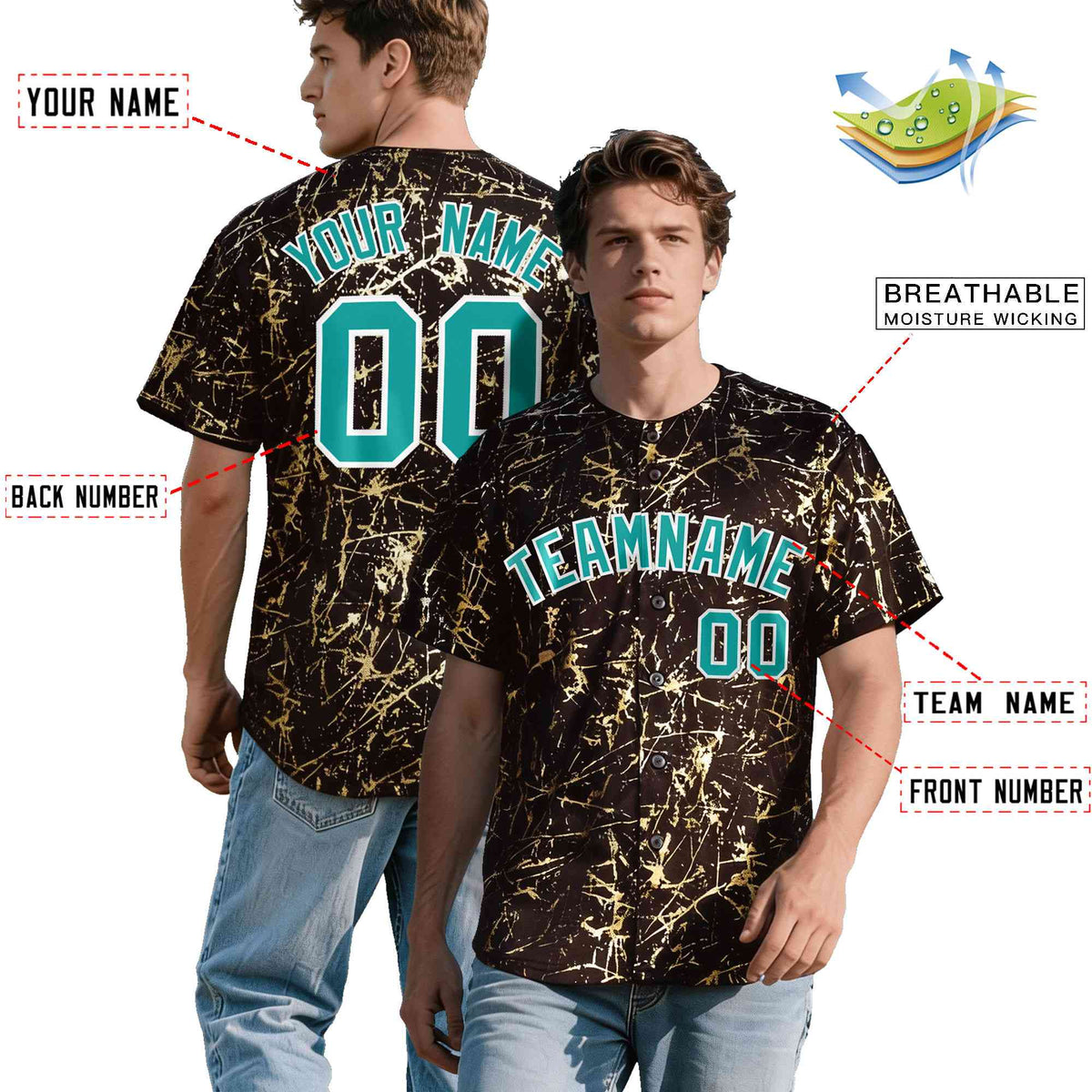 Custom Brown Aqua Metallic Gold Splatter Urban Streetwear Baseball Jersey