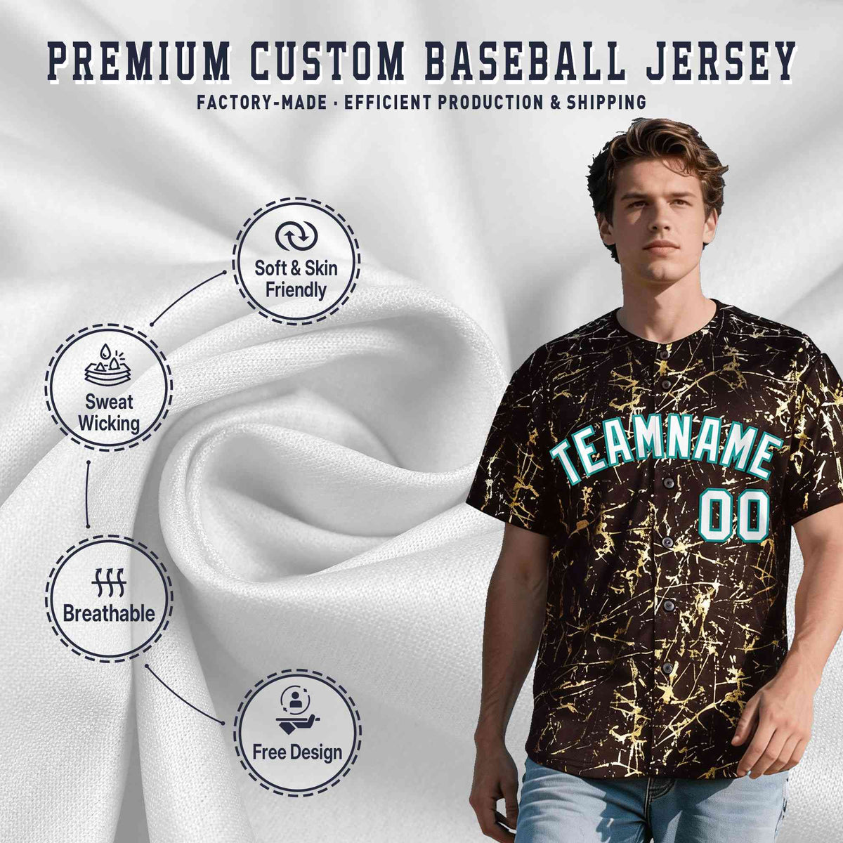 Custom Brown White Black&amp;Shiny Gold Cracked Foil Breathable Mesh Streetwear Baseball Jersey