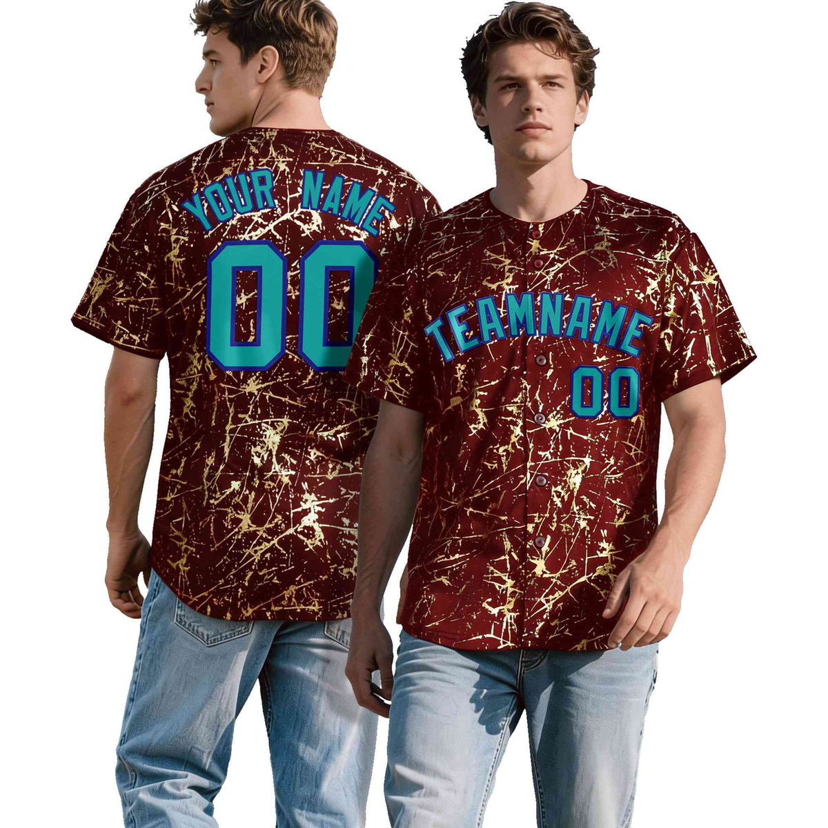 Custom Crimson Aqua Black&Gold Marble Print Clubwear Party Streetwear Baseball Jersey