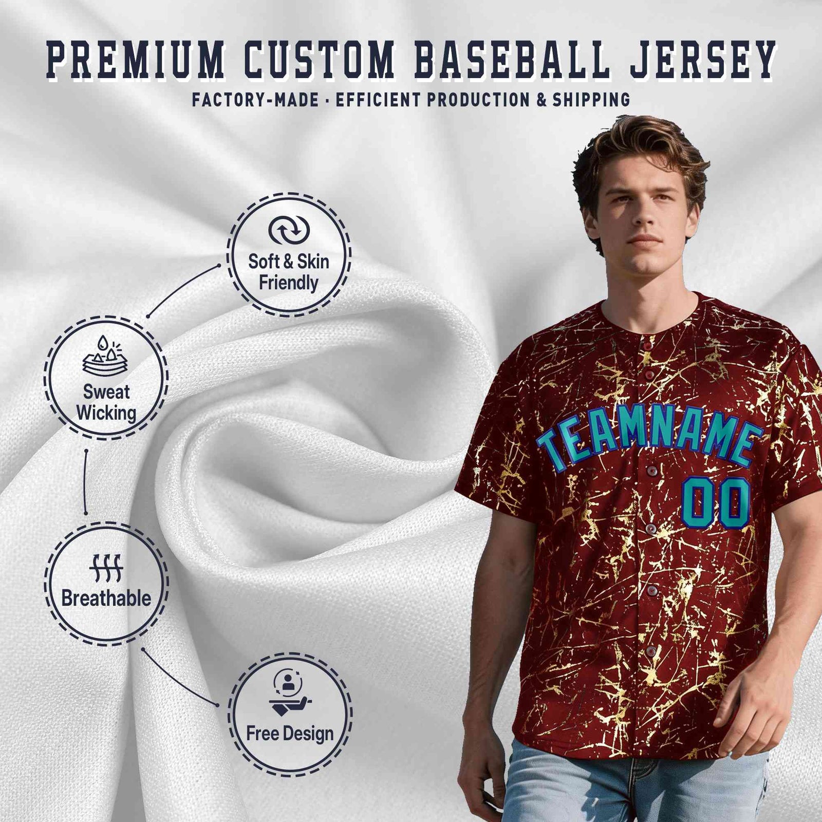 Custom Crimson Aqua Black&Gold Marble Print Clubwear Party Streetwear Baseball Jersey