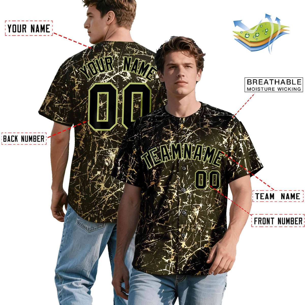 Custom Olive Black Metallic Gold Splatter Breathable&Wrinkle-Resistant Baseball Jersey