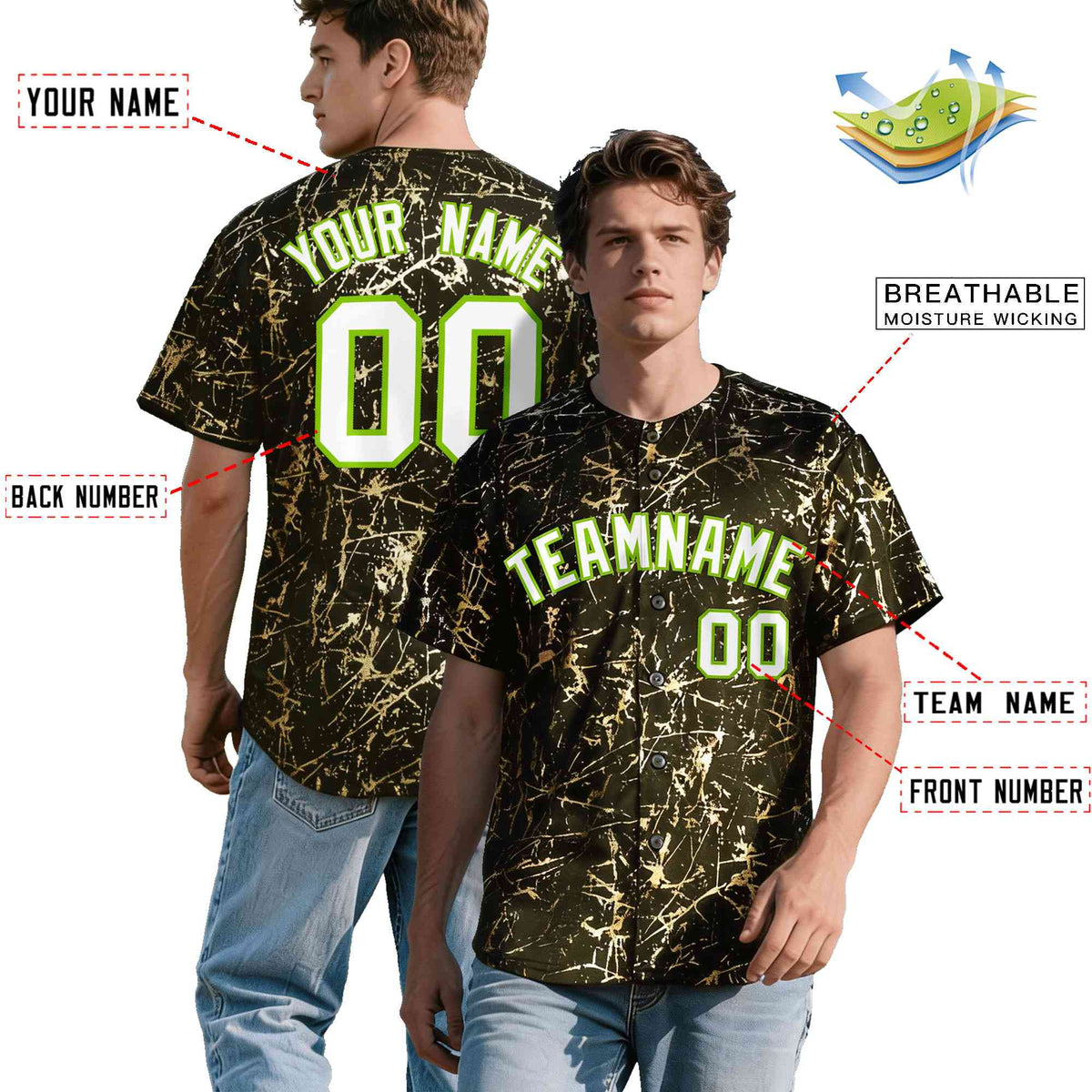 Custom Olive White Black&Shiny Gold Cracked Foil Breathable Mesh Streetwear Baseball Jersey