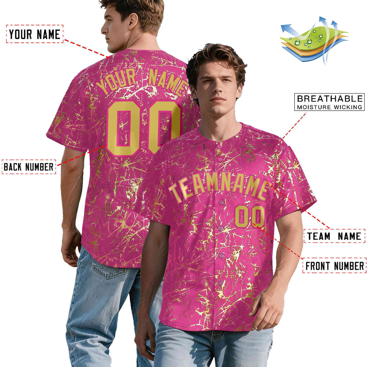 Custom Pink Old Gold Black&Shiny Gold Cracked Foil Hip Hop Button Down Baseball Jersey