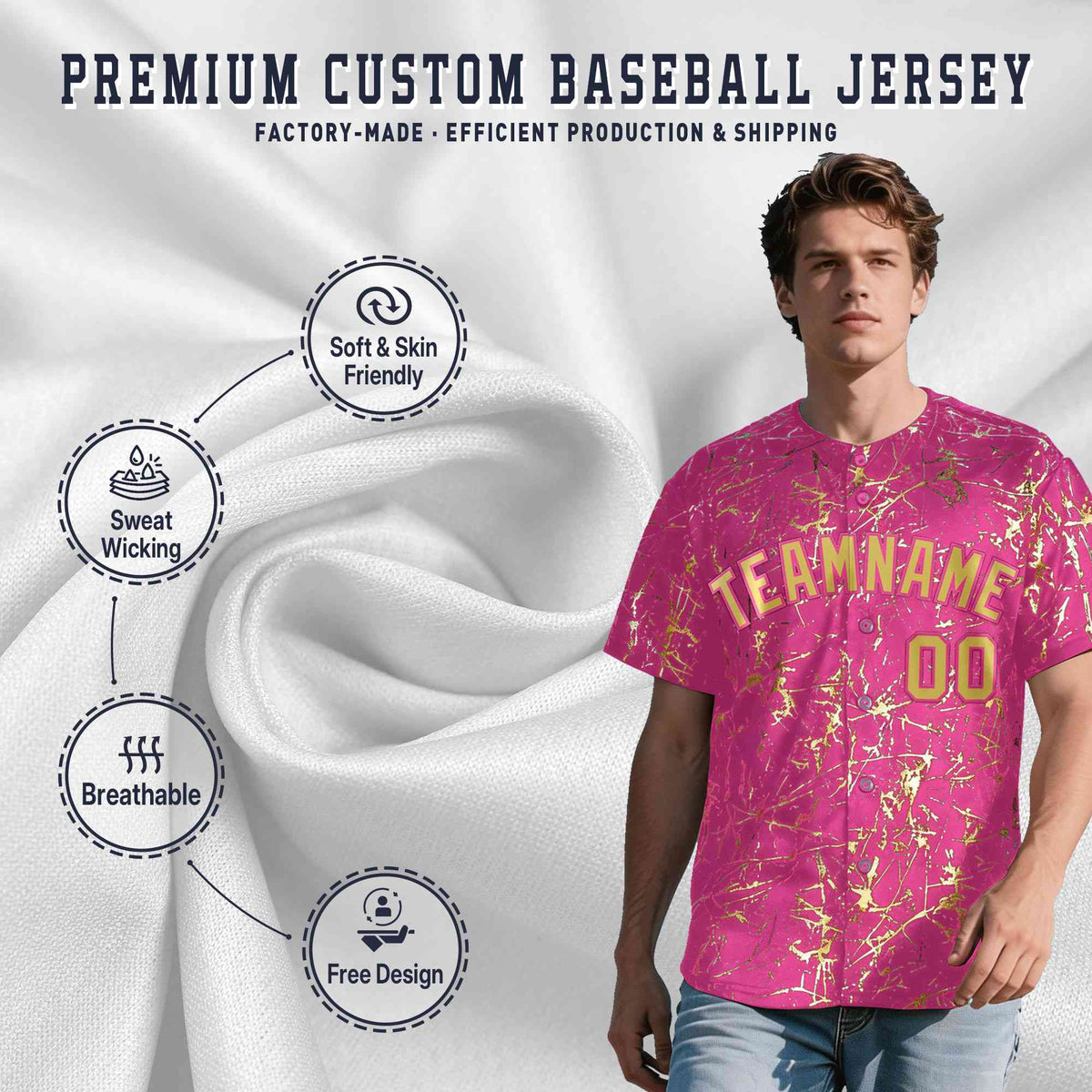 Custom Pink Old Gold Black&Shiny Gold Cracked Foil Hip Hop Button Down Baseball Jersey