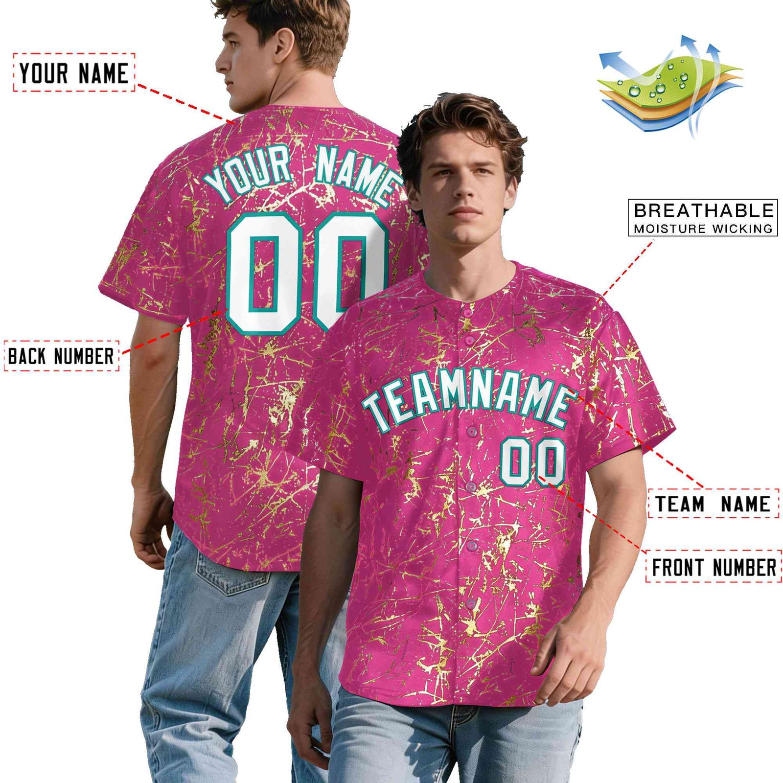 Custom Pink White Black&Shiny Gold Cracked Foil Breathable Mesh Streetwear Baseball Jersey