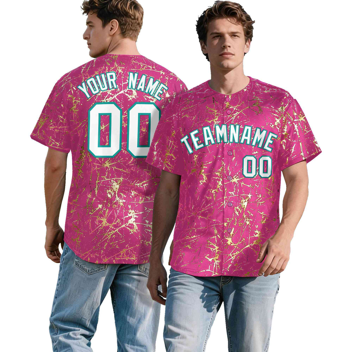 Custom Pink White Black&Shiny Gold Cracked Foil Breathable Mesh Streetwear Baseball Jersey