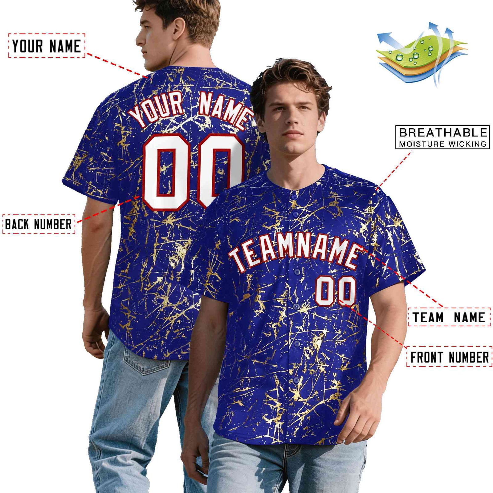 Custom Royal White Black&Gold Marble Print Clubwear Party Streetwear Baseball Jersey