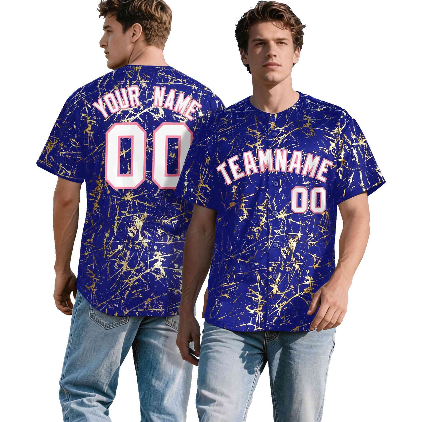 Custom Royal White Black&Shiny Gold Cracked Foil Breathable Mesh Streetwear Baseball Jersey