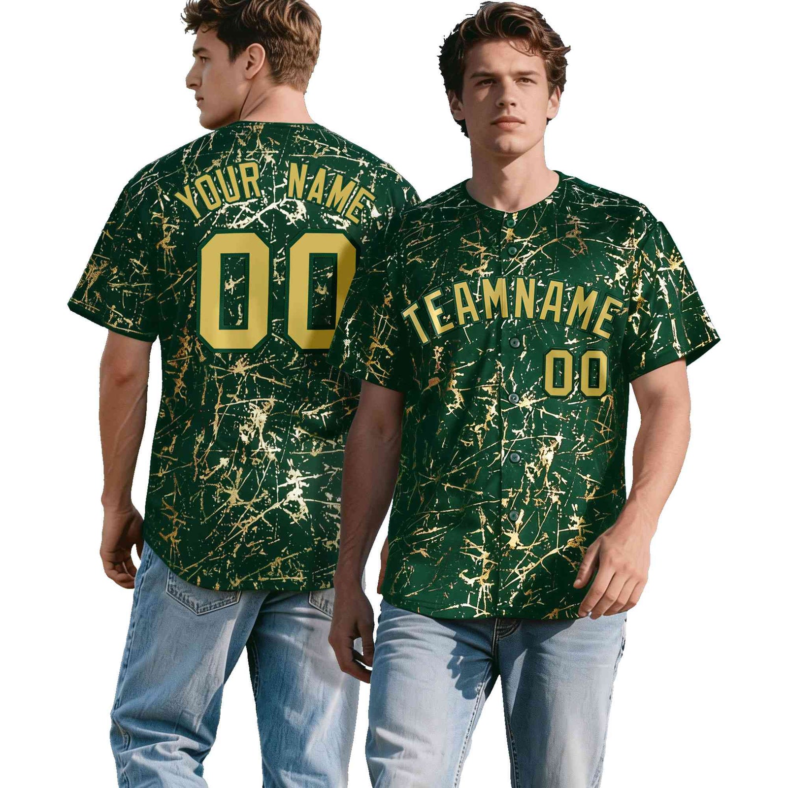 Custom Green Old Gold Black&Shiny Gold Cracked Foil Hip Hop Button Down Baseball Jersey