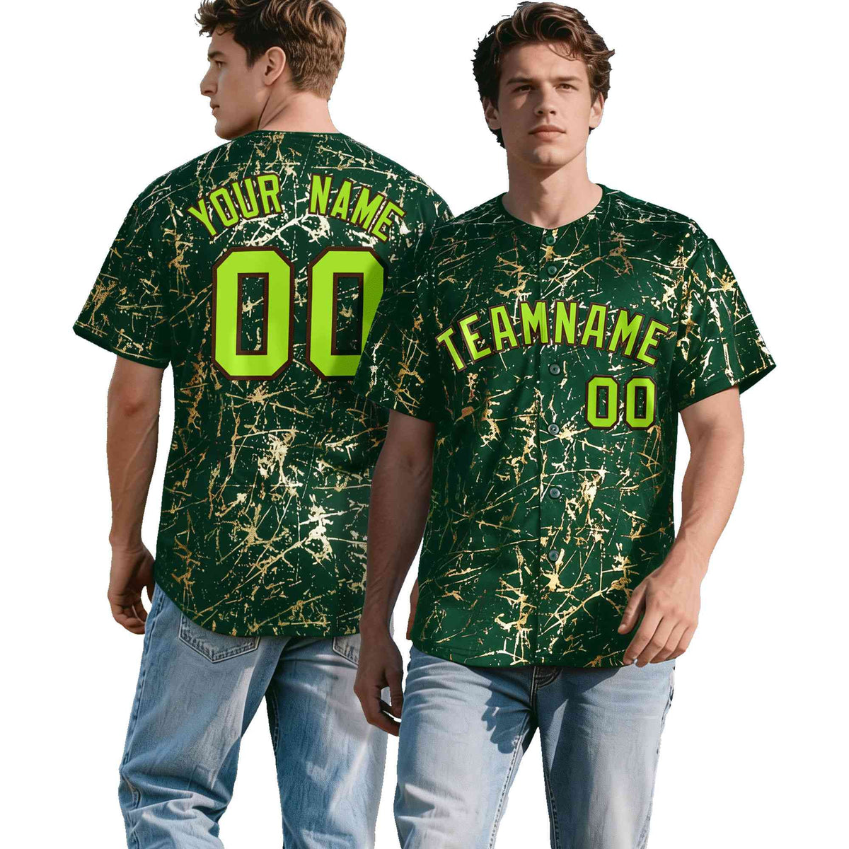 Custom Green Neon Green Black&Gold Marble Print Clubwear Party Streetwear Baseball Jersey