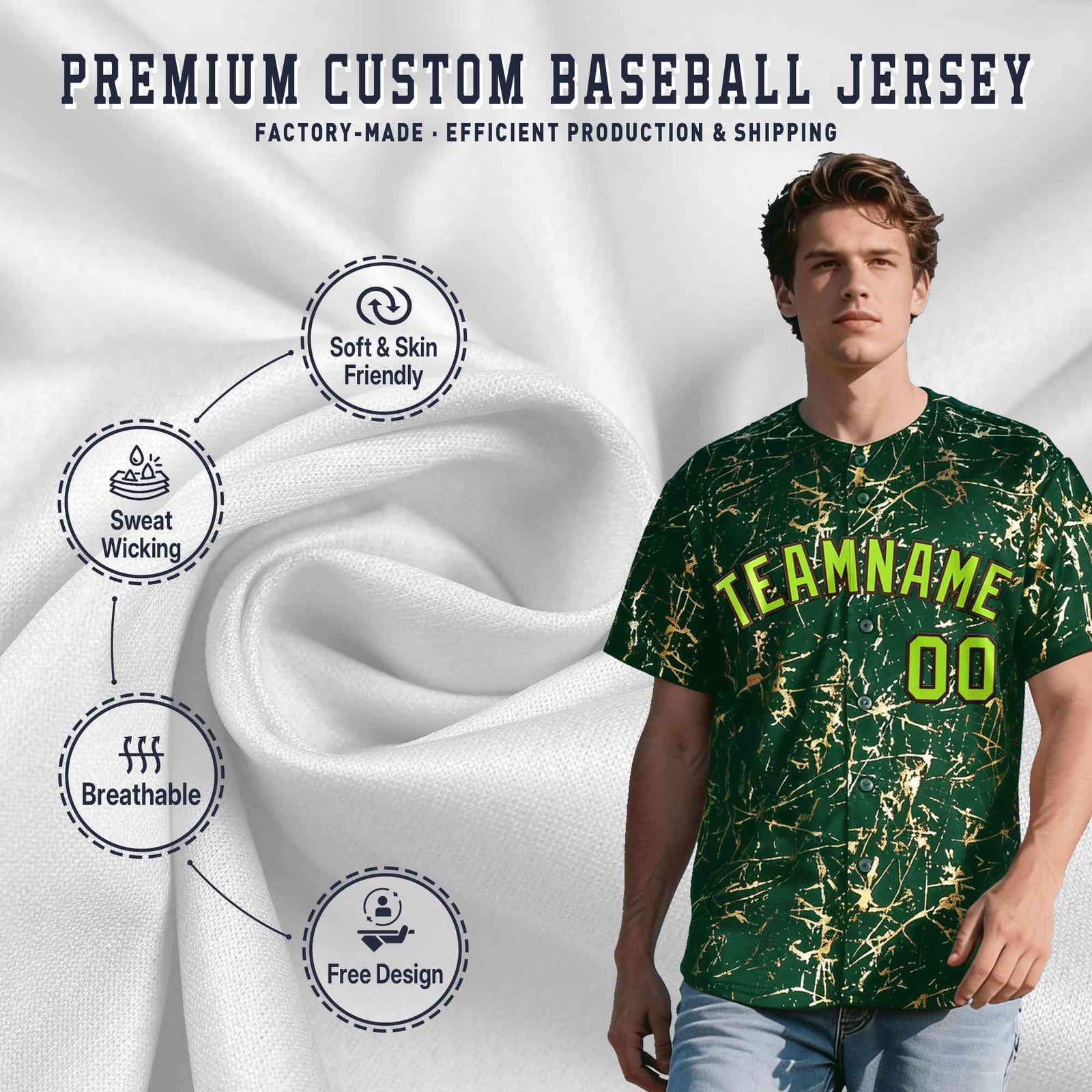 Custom Green Neon Green Black&Gold Marble Print Clubwear Party Streetwear Baseball Jersey