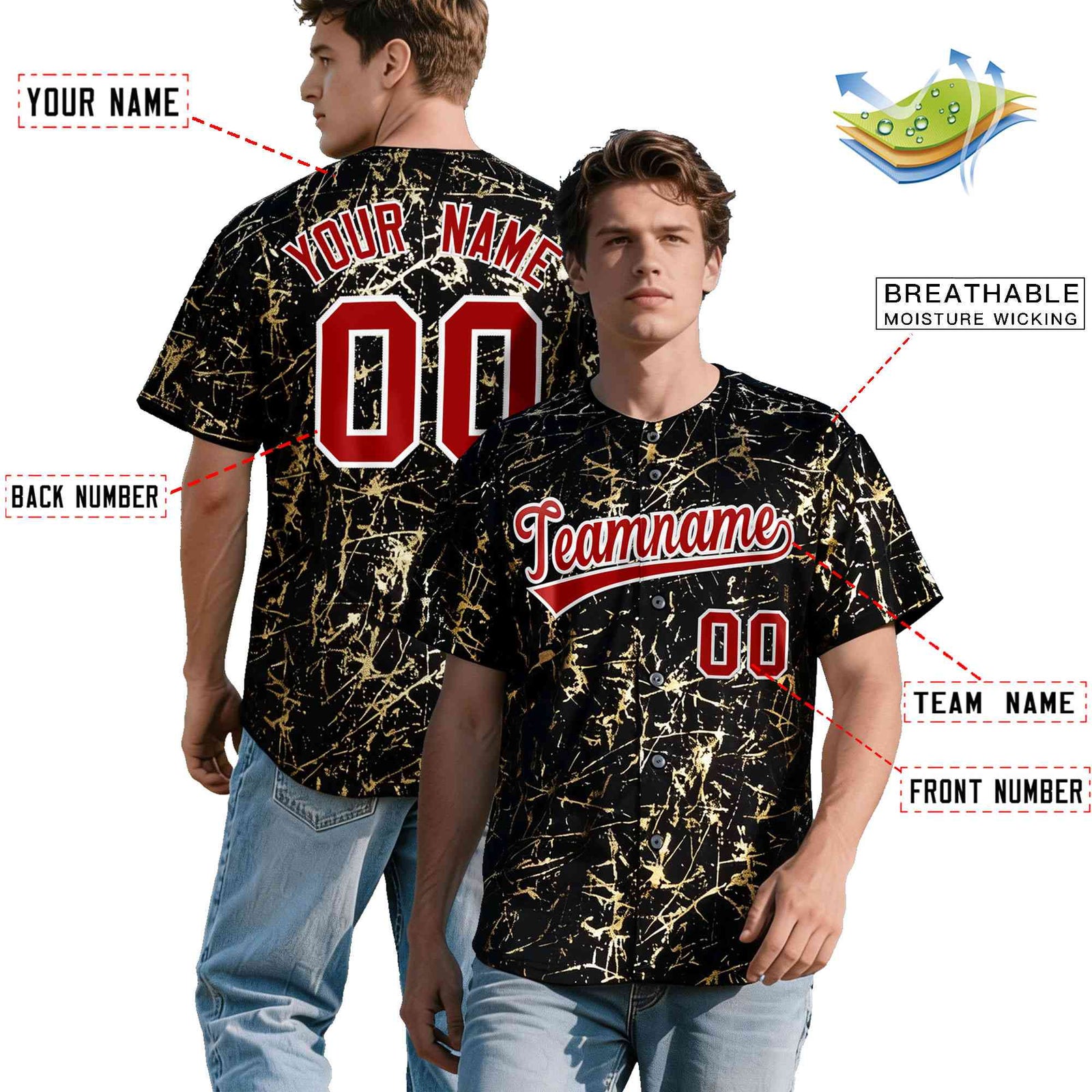 Custom Black Red Metallic Gold Splatter Breathable&Wrinkle-Resistant Baseball Jersey| KXKSHOP