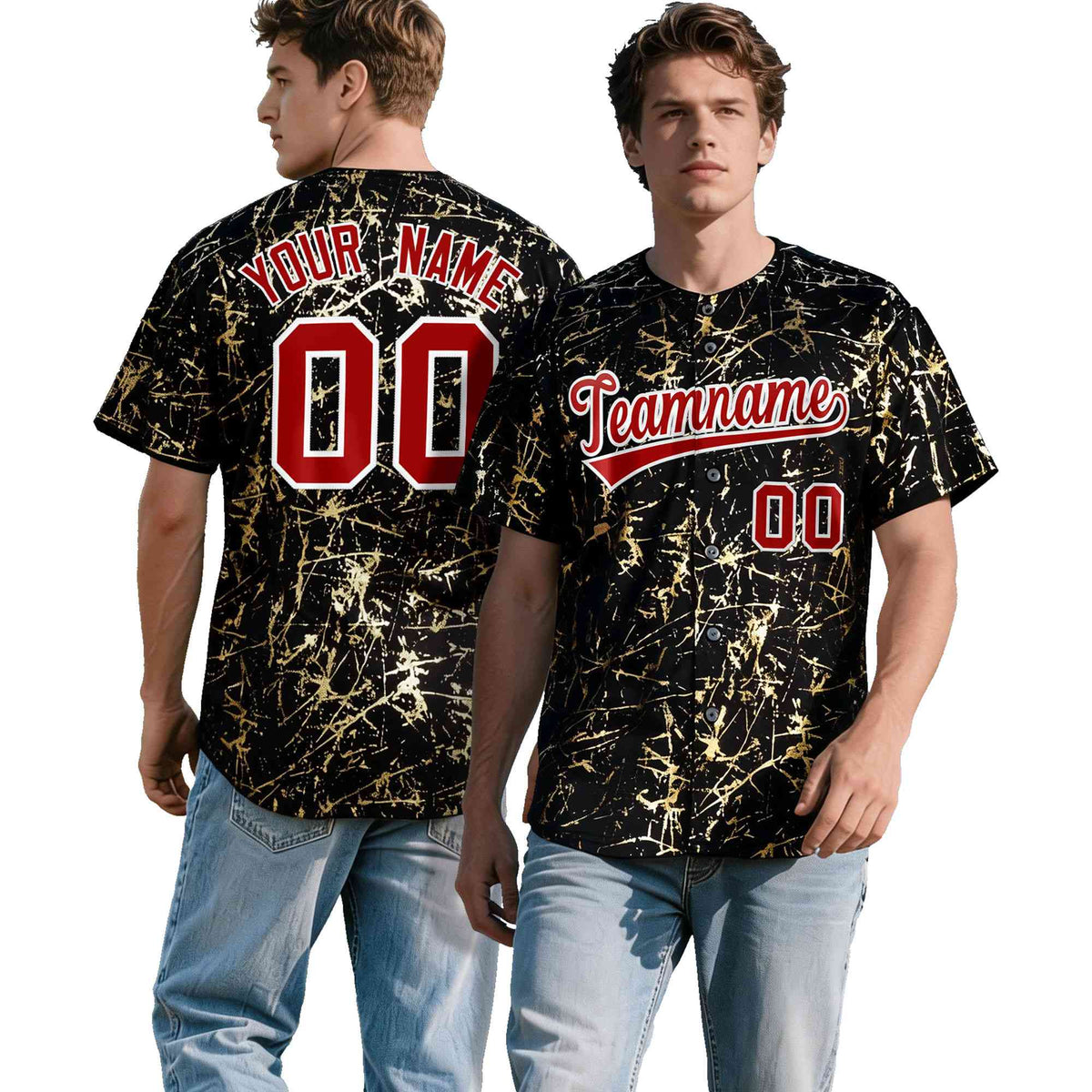 Custom Black Red Metallic Gold Splatter Breathable&Wrinkle-Resistant Baseball Jersey| KXKSHOP