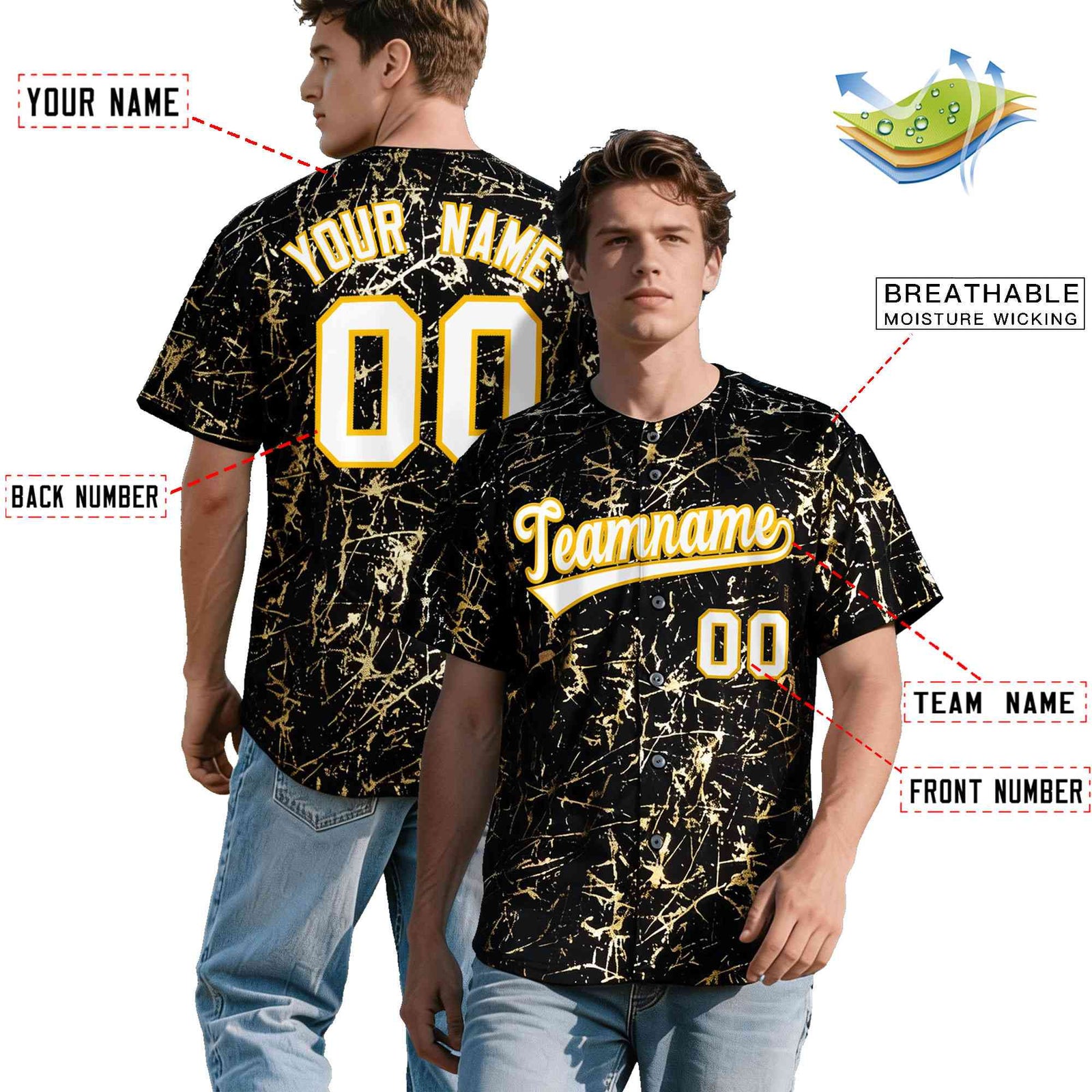 Custom Black White Black&Shiny Gold Cracked Foil Hip Hop Button Down Baseball Jersey| KXKSHOP