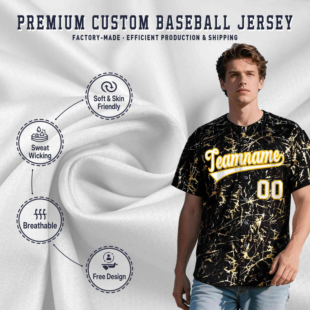 Custom Black White Black&Shiny Gold Cracked Foil Hip Hop Button Down Baseball Jersey| KXKSHOP