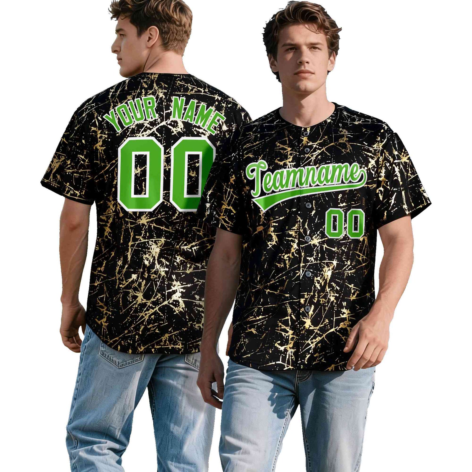 Custom Black Light Green Metallic Gold Splatter Breathable&Wrinkle-Resistant Baseball Jersey| KXKSHOP