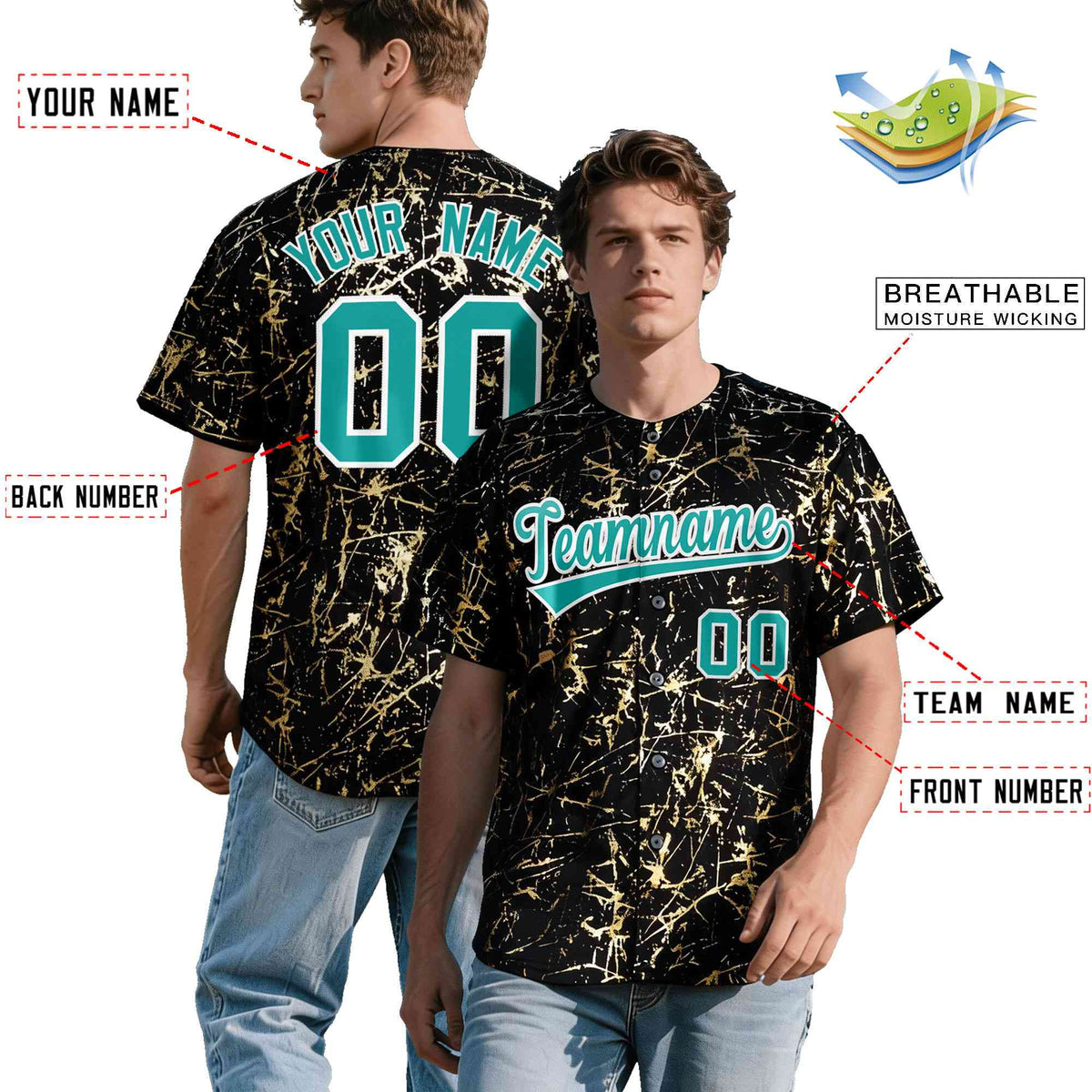 Custom Black Aqua Metallic Gold Splatter Urban Streetwear Baseball Jersey| KXKSHOP