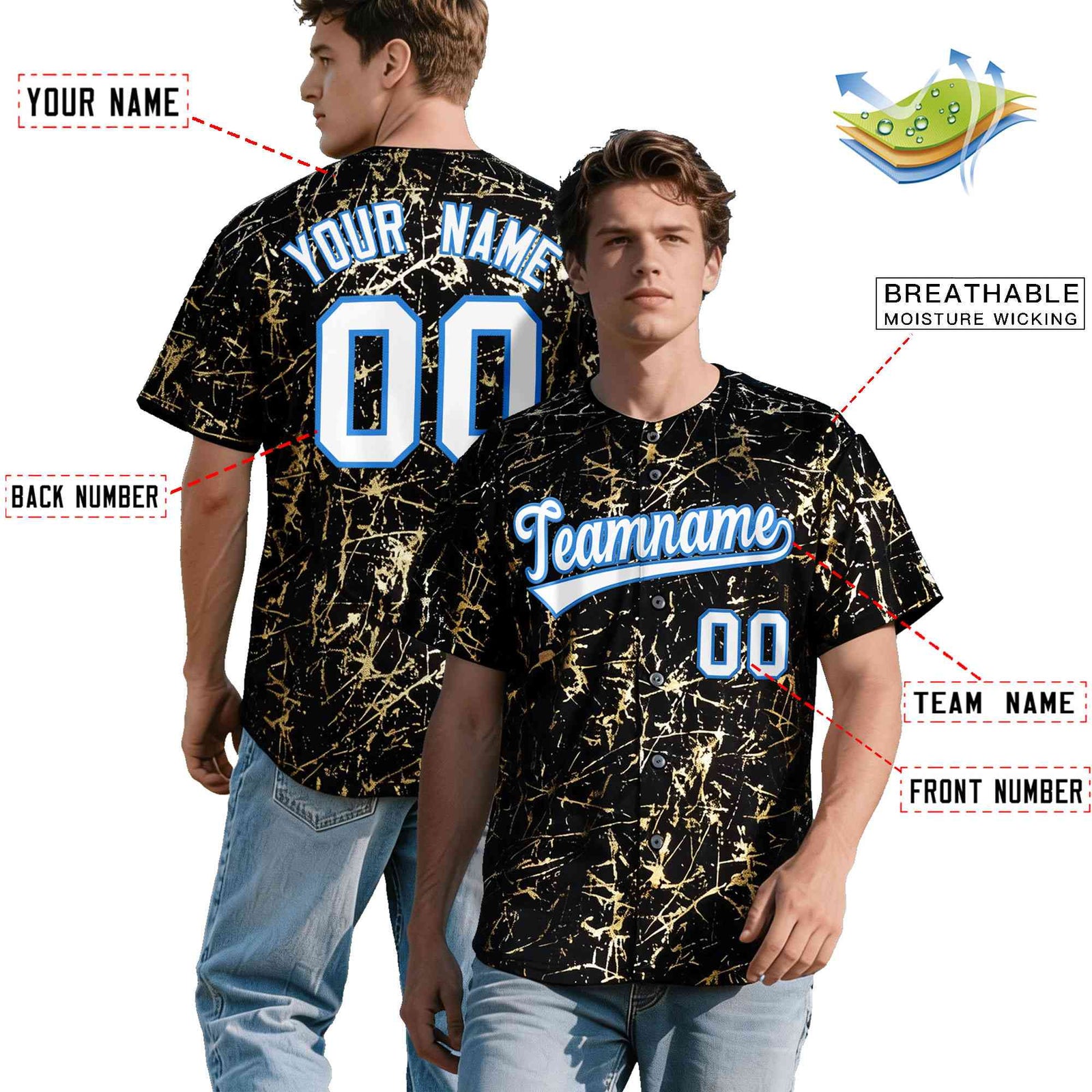 Custom Black White Black&Shiny Gold Cracked Foil Hip Hop Button Down Baseball Jersey| KXKSHOP