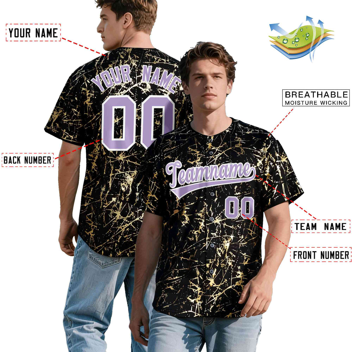 Custom Black Light Purple Metallic Gold Splatter Breathable&Wrinkle-Resistant Baseball Jersey| KXKSHOP
