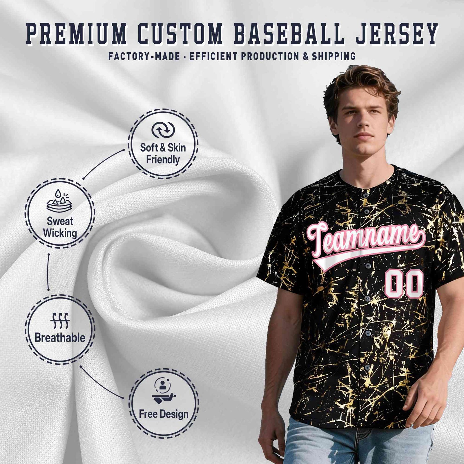 Custom Black White Black&Shiny Gold Cracked Foil Breathable Mesh Streetwear Baseball Jersey| KXKSHOP