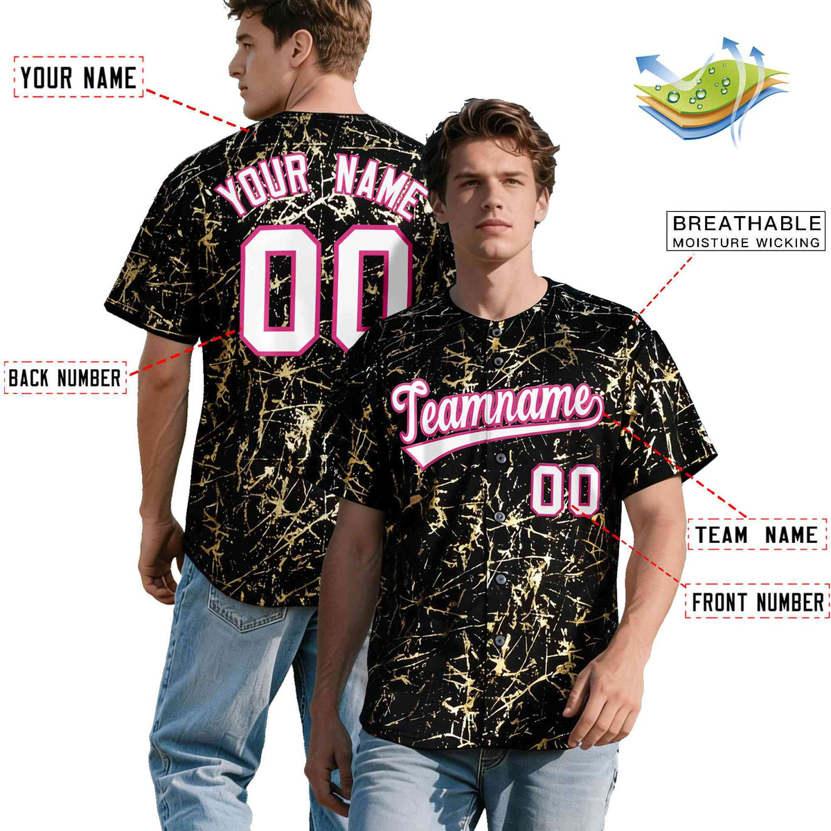Custom Black White Black&Shiny Gold Cracked Foil Hip Hop Button Down Baseball Jersey| KXKSHOP