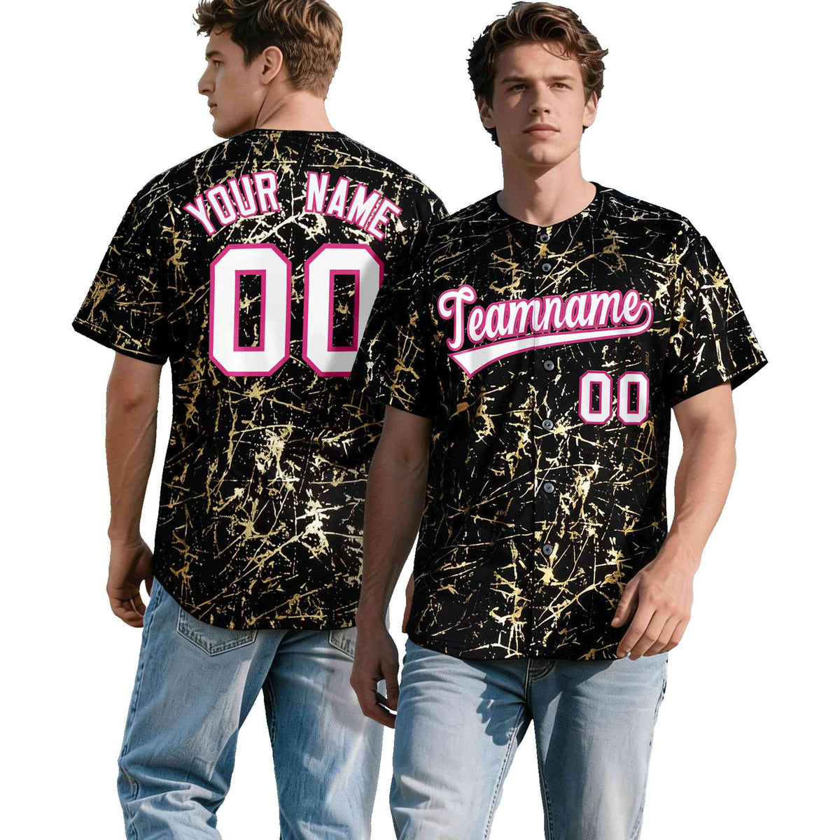 Custom Black White Black&Shiny Gold Cracked Foil Hip Hop Button Down Baseball Jersey| KXKSHOP