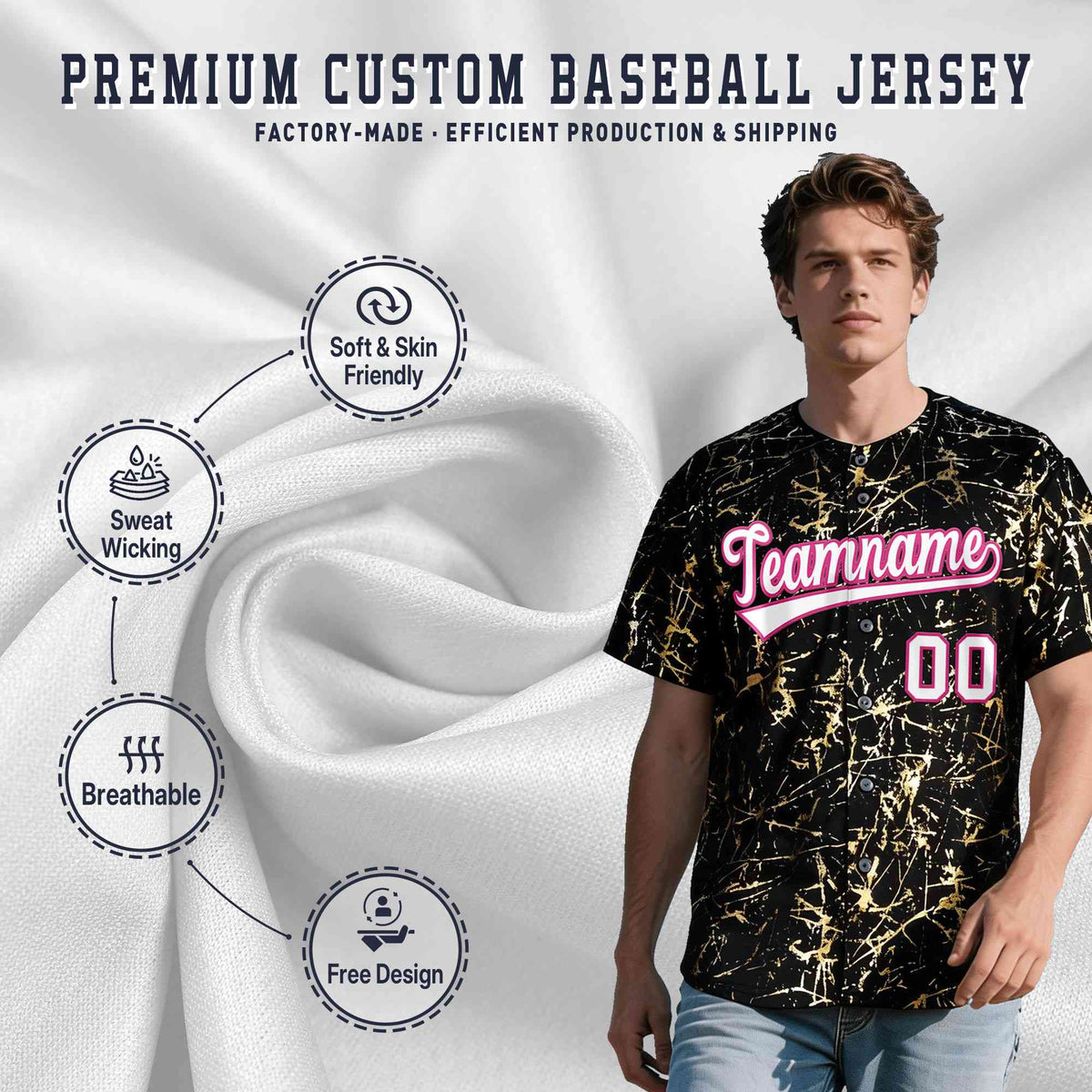 Custom Black White Black&Shiny Gold Cracked Foil Hip Hop Button Down Baseball Jersey| KXKSHOP