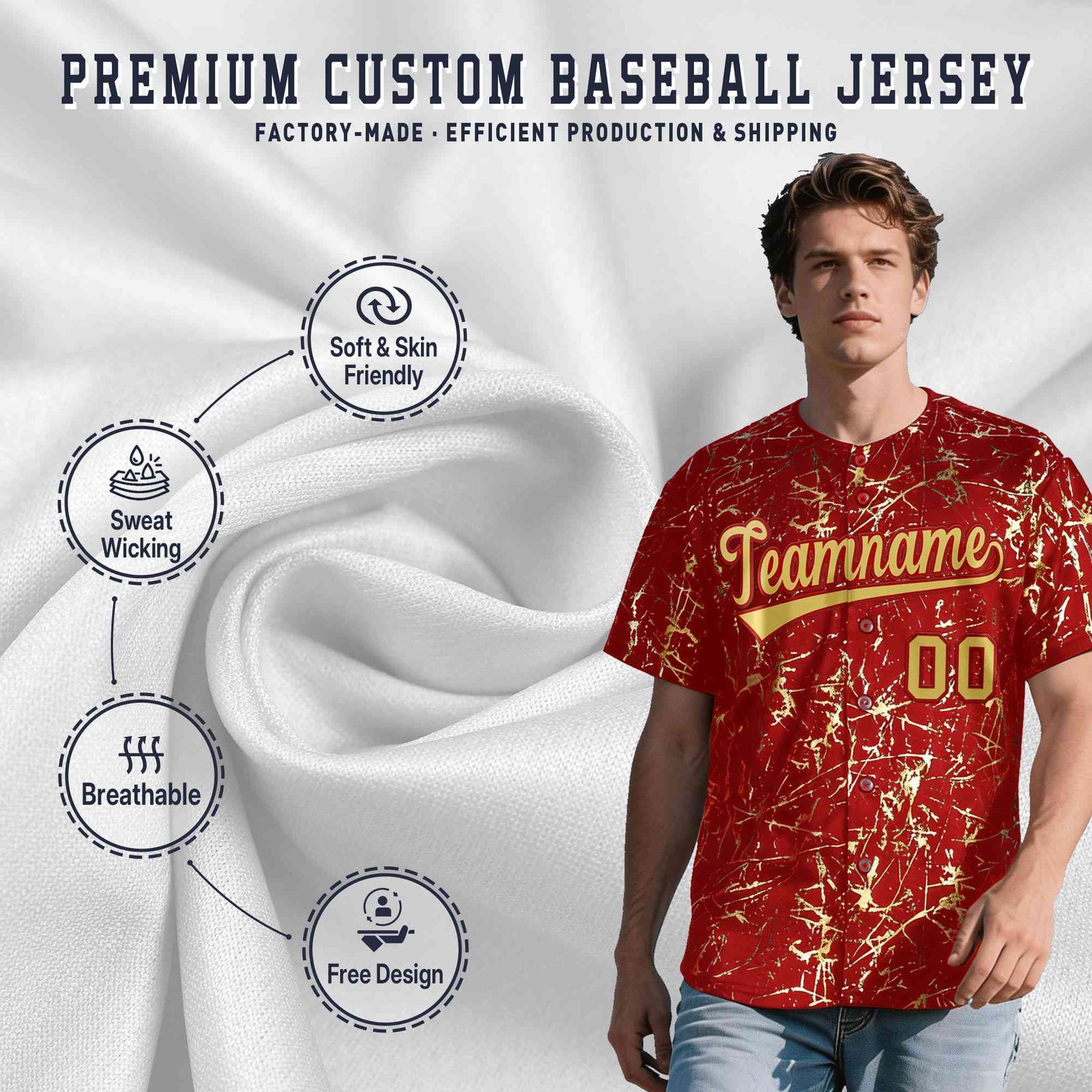 Custom Red Old Gold Black&Gold Marble Print Clubwear Party Streetwear Baseball Jersey| KXKSHOP